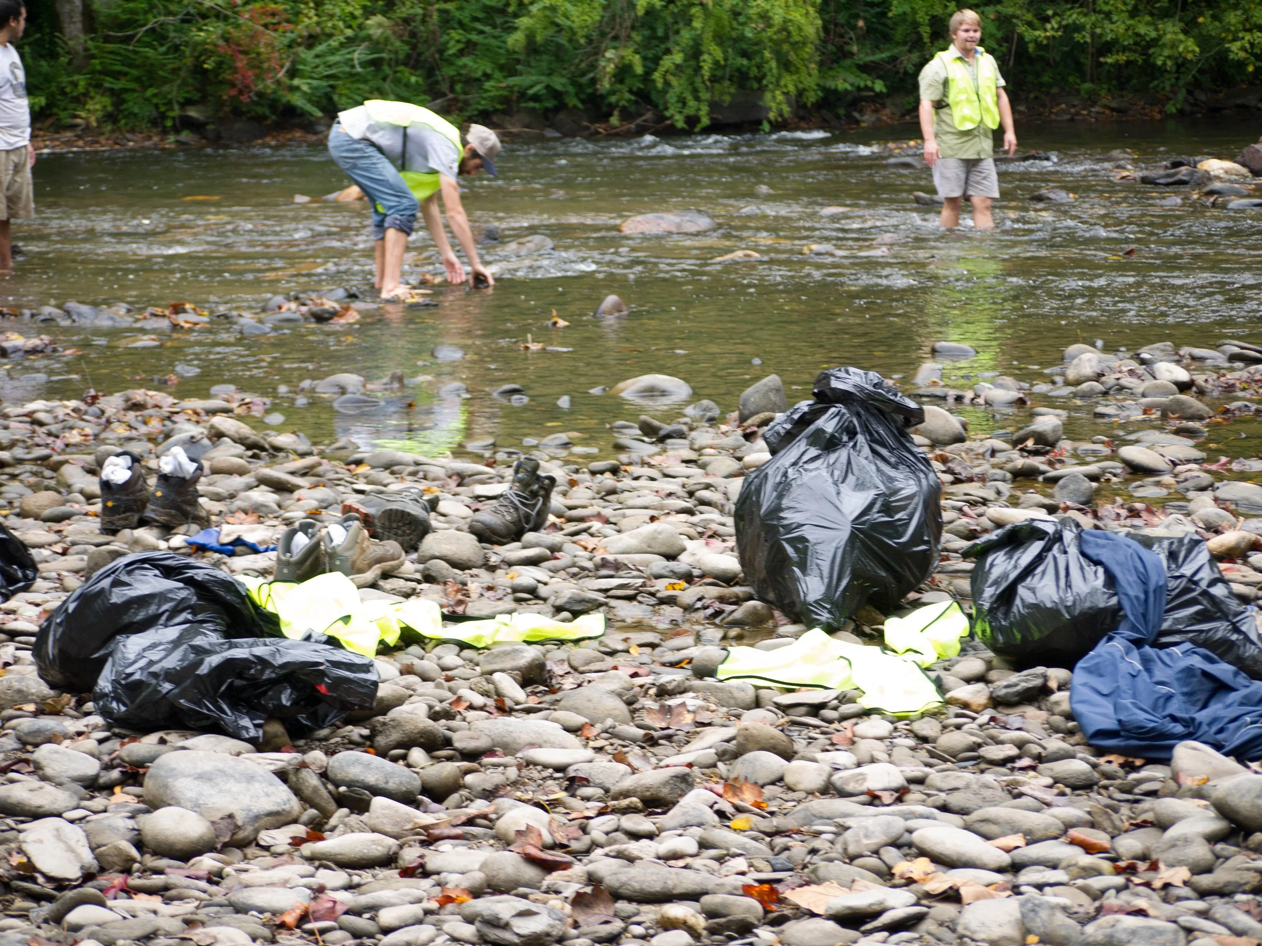 Trash removal from the Little River. Volunteers wade into the river removing trash, leaving it in bags along the shoreline.