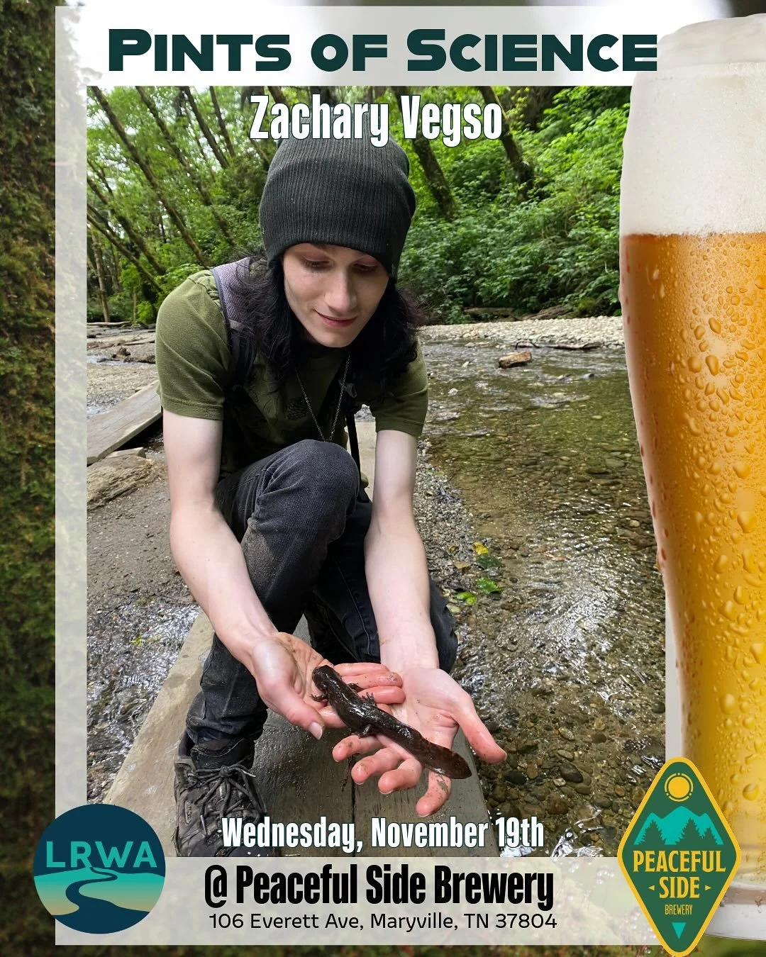Wednesday, November 19th from 6-8pm is the kickoff for our Pints of Science speaker series at @peacefulsidebrewery 

This is just 4 days after the Little River Run 5k, what an action packed week!!
 
Our first speaker is Zachary Vegso. He is a herpeto