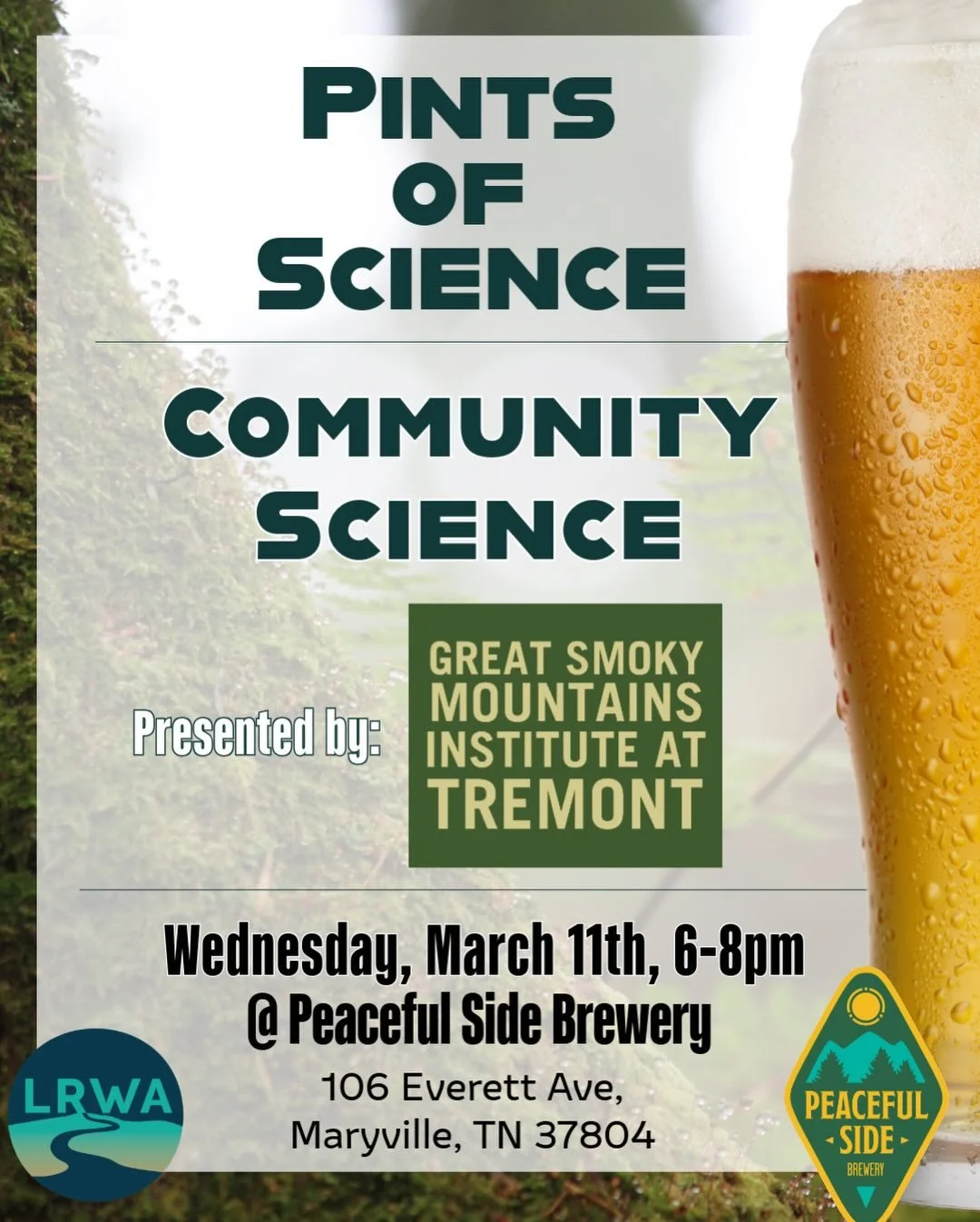 Wednesday, March 11th from 6-8pm our next Pints of Science night at @peacefulsidebrewery 

Our speaker is Tyler Thomas from Great Smoky Mountain Institute at Tremont. He is the Manager of Science Literacy and Research at @tremontinstitute, and will b