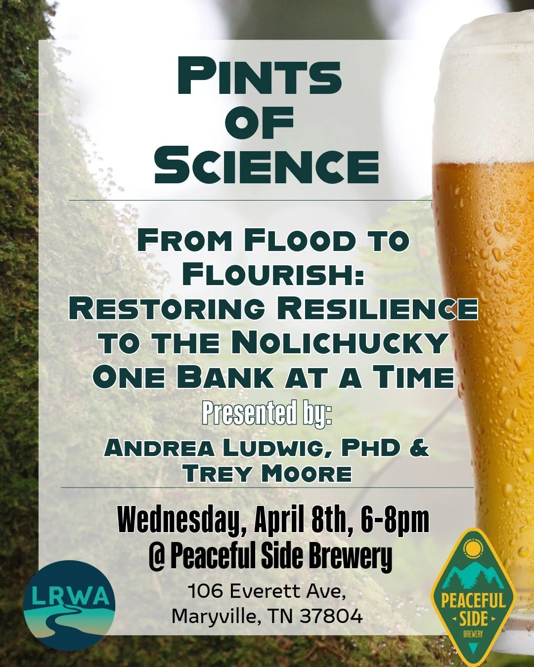 Join us for our next Pints of Science on Wednesday, April 8th from 6-8pm at @peacefulsidebrewery 🍻
Come learn about the rehabilitation efforts going on with our neighbors on the Nolichucky River. 
The Nolichucky River experienced a generational floo