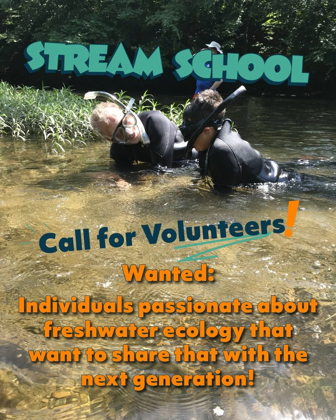 Do you like being in the river?
Do you have basic knowledge of biological processes and freshwater ecology?
Apply to be a Volunteer Educator for Stream School this summer! ☀️

Stream School is a free, STEM-based, summer educational program for kids a