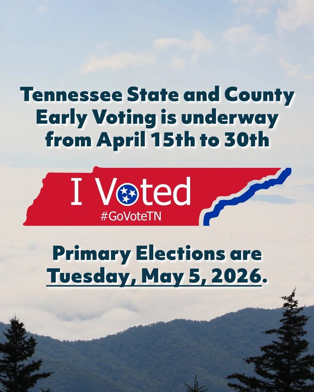 Early voting is underway here in East TN! If you want to avoid voting day congestion or if you have a free hour between April 15th and 30th, get out and vote! Otherwise we will see you at the polls on May 5th!

Need information on where your polling 