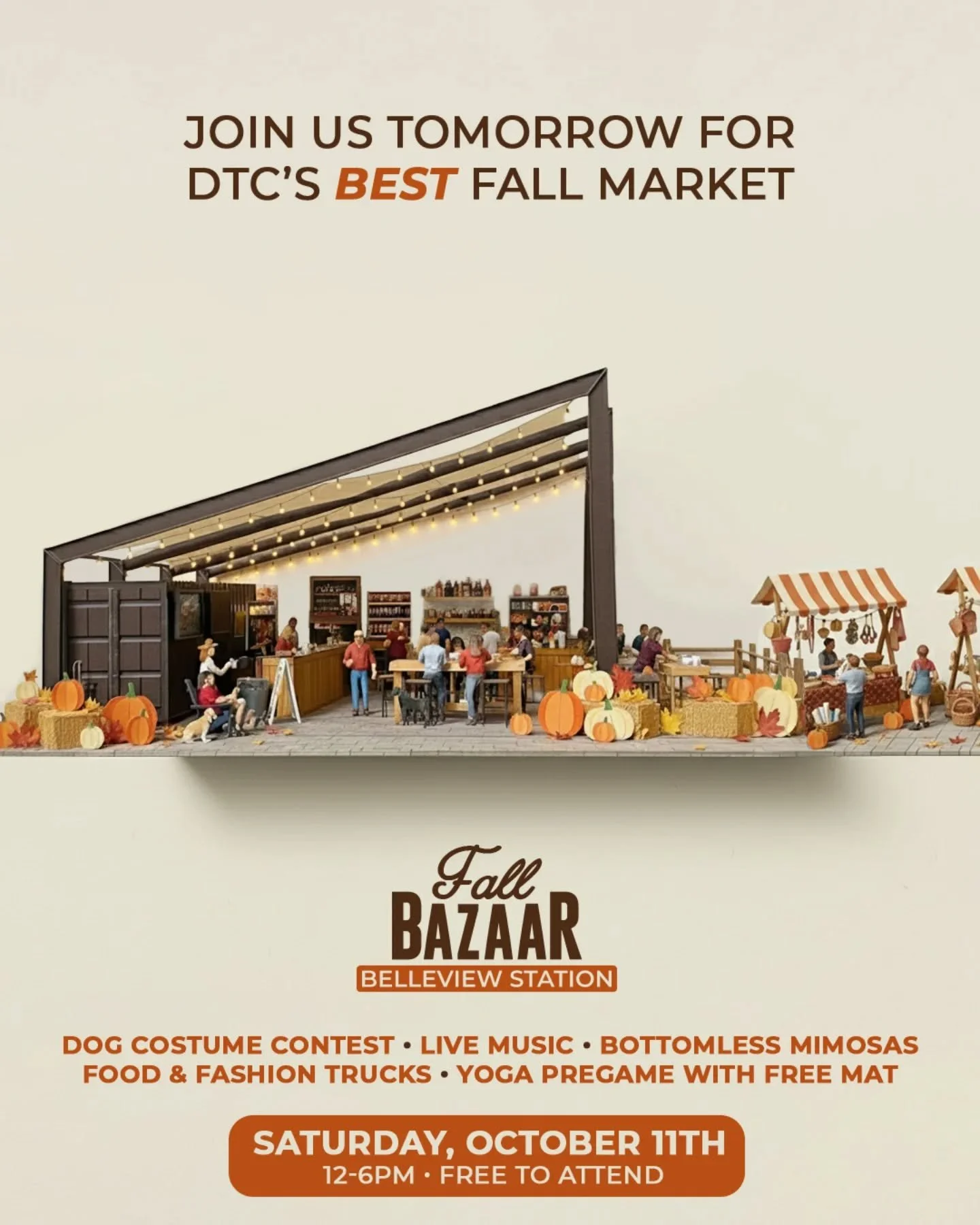 It's almost here! People watching. Dog watching. Mimosas that make you question our orange juice supply. 

Join us for DTC's best fall market and knock out your Halloween shopping early! 12-6PM at @belleviewstation. Show up at 11 for yoga + bottomles