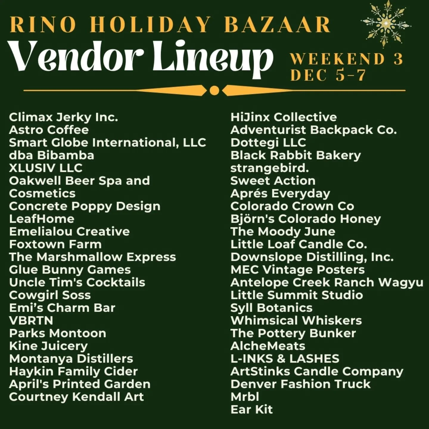 RiNo Holiday BAZAAR is gearing up for Weekend 3 ✨

We&rsquo;re welcoming a bunch of new incredible vendors, and this preview barely scratches the surface.

Join us Friday&ndash;Sunday for 50+ makers, cozy holiday shopping, and our fan-favorite bottom