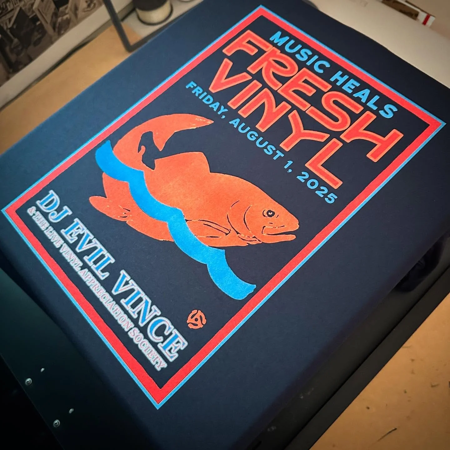 &ldquo;Fresh Vinyl&rdquo;
DJ Evil Vince &amp; The Live Vinyl Appreciation Society 
.
New shop addition :
https://goaheadmerch.com/recent-additions/fresh-vinyl-dj-evil-vince-and-the-live-vinyl-appreciation-society-tshirt