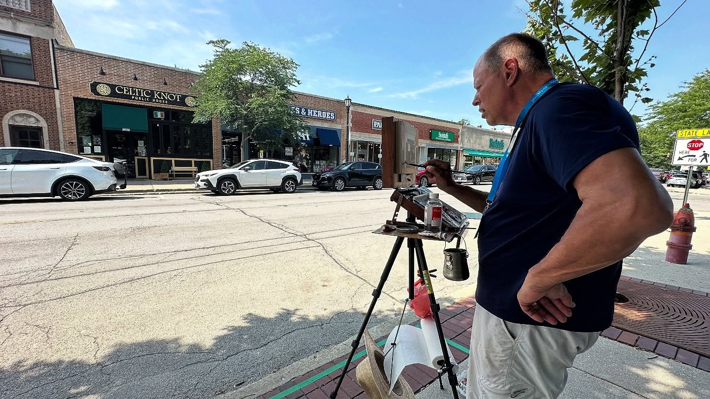 Totally Awesome meeting the extraordinary Mark B. Cleveland @markclevelandart on Central Street in Evanston during the @evanston_made #evanstonpleinairfest. 

Mark is painting the legendary @celticknotevanston.
Please give him a follow and a visit. 
