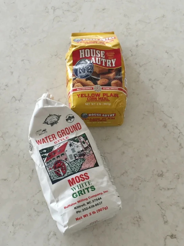 These are the two bags of cornmeal/grits I used. I used the Moss White Grits in the Food 52 recipe, which may explain its final color vs. the House Autry brand used in the Edna Lewis recipe, which I think yielded a prettier final result. 