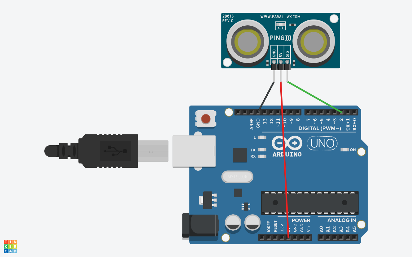 Code Blocks for Ultrasonic range finder project using Arduino in Tinkercad