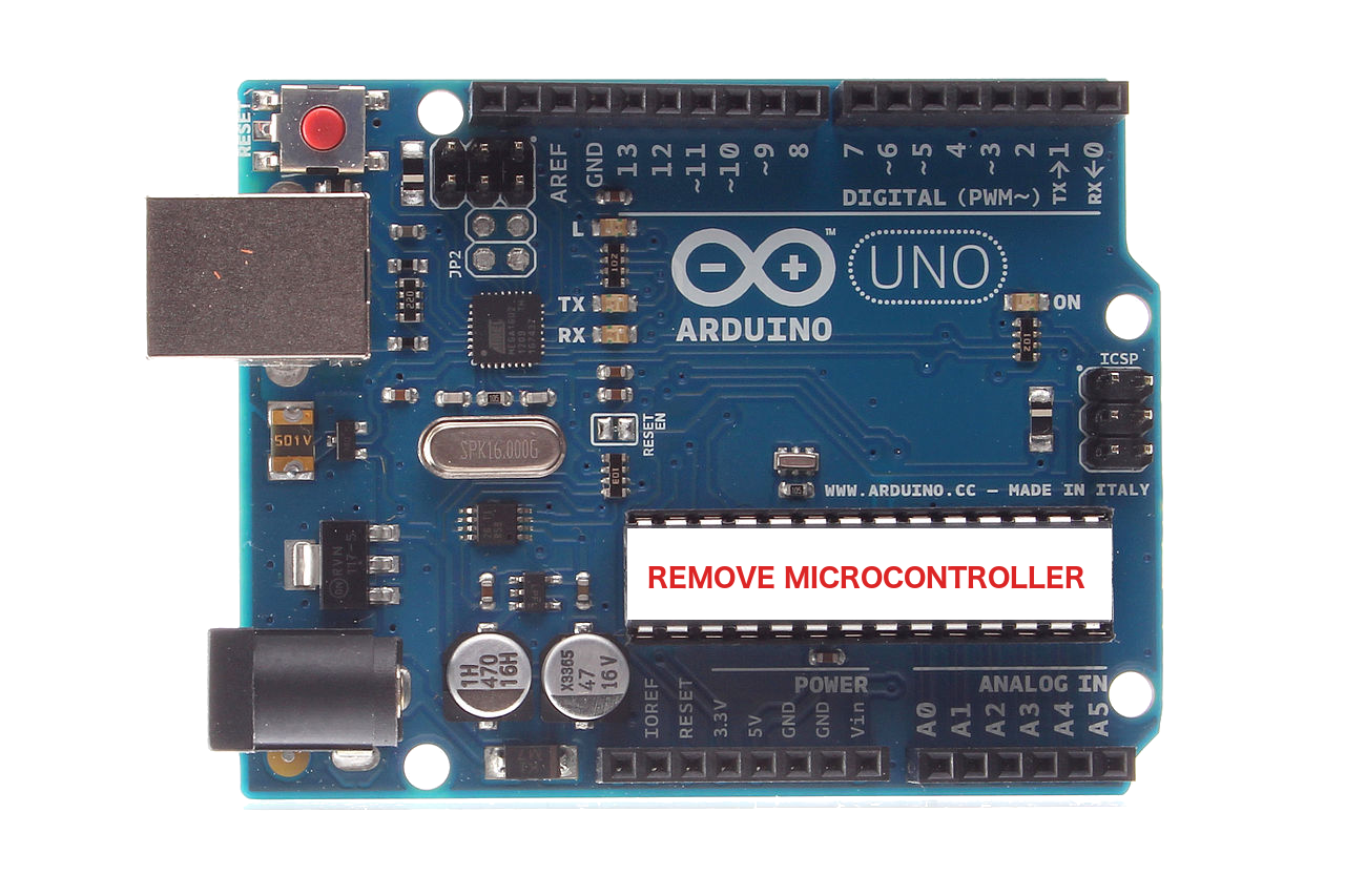 Figure 2: Remove the ATmega328 from the Arduino Uno board to bypass the module and let the ESP8266 act as the central chip. This is essential for flashing the ESP8266 with the Arduino firmware.