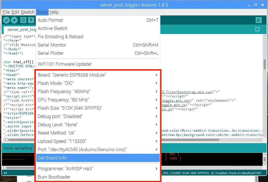 Figure 6: Be sure that all of the parameters above match on your Arduino . I also want to note that some of the newer ESP8266 modules are capable of supporting 1M of flash, as opposed to the Flash Size: "512K (64L SPIFFS)" shown here. You may want to upgrade your flash size, if desired. We only come within 60% of the flash limit, so it's not much to worry about here.
