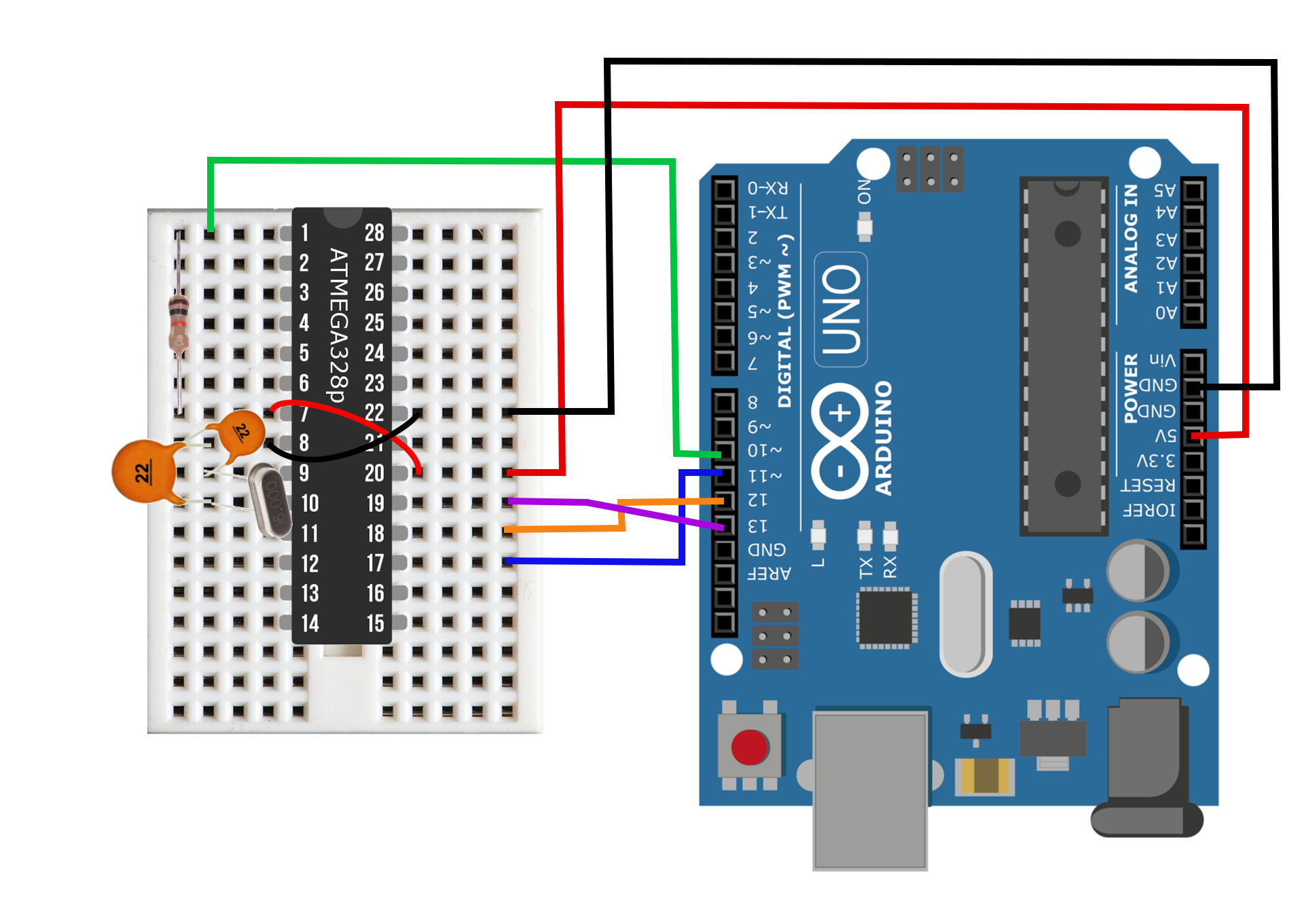 Figure 3: Arduino Uno as ISP wiring diagram for burning the Arduino bootloader to the ATmega breadboard.