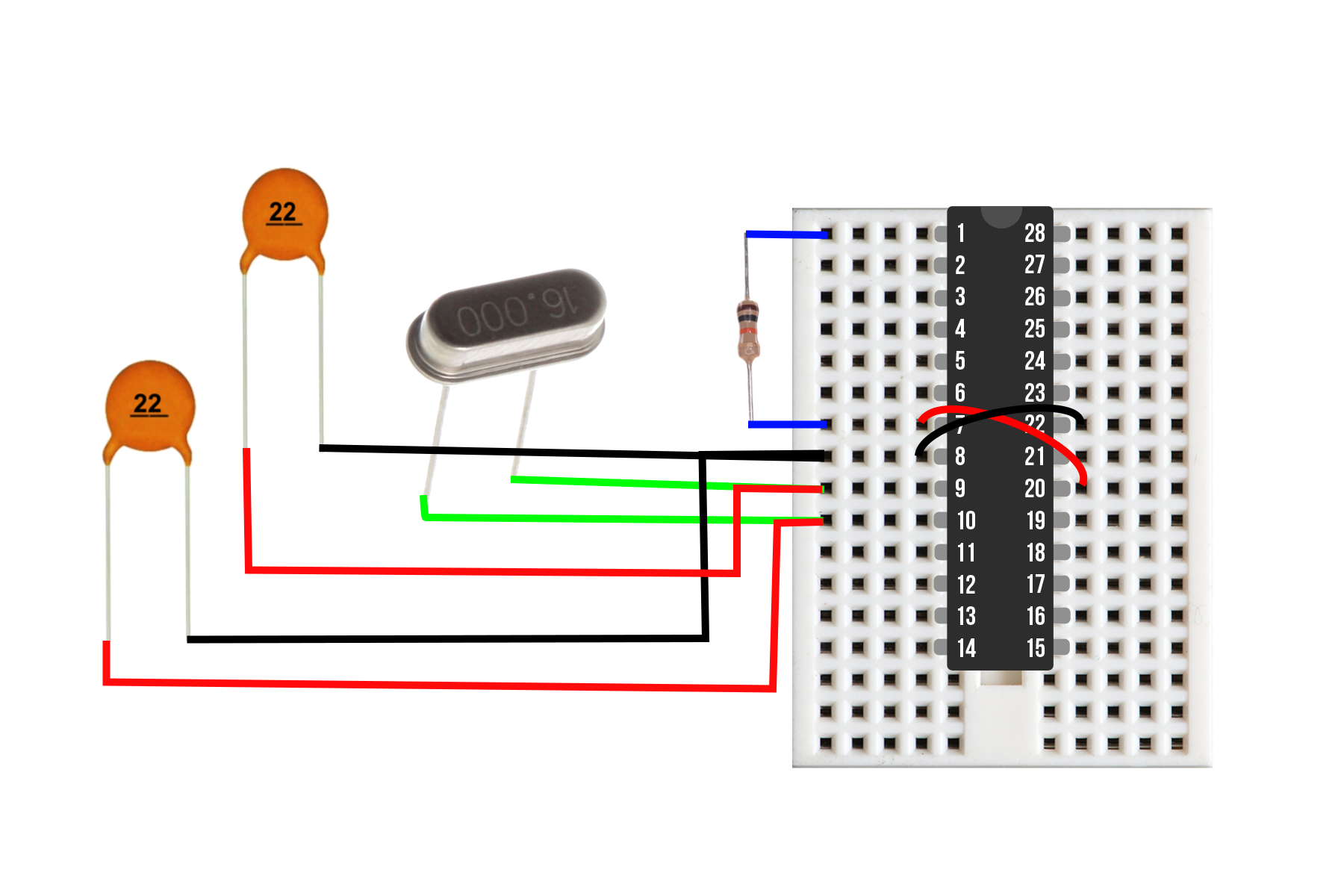 Figure 1: Component wiring diagram consisting of the dual 22 pf capacitors, 16 MHz crystal oscillator, 10 kOhm resistor, and ATmega328p chip. These components create a low-cost Arduino board that will be integrated into the Internet of Things (IoT). The total component cost is less than $3.