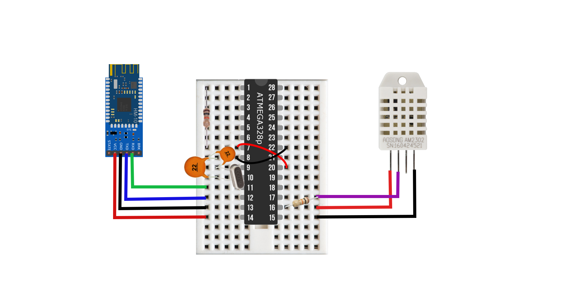 Wiring diagram for the breadboard Arduino DHT22 Bluetooth node. With this wiring configuration, the node is capable of sleeping at micro-amp currents, reading temperature data, and then transmitting it via Bluetooth. Hm-10 module drawing was found here at Arduibots.wordpress.com.