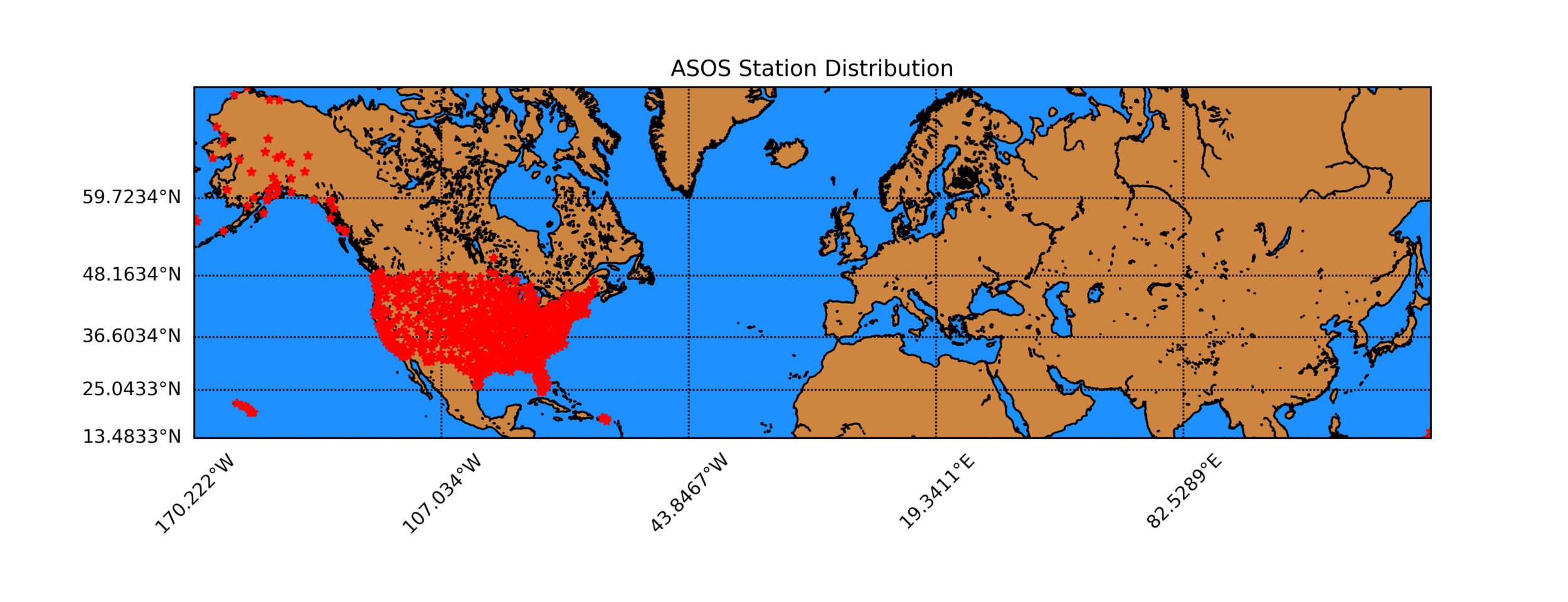 Figure 2: Distribution of ASOS stations in the U.S. and its territories. Because of the projection, the entire width of the world is plotted due to the inclusion of Alaska's Archipelago. This can be clipped by limiting the bounds of the map.