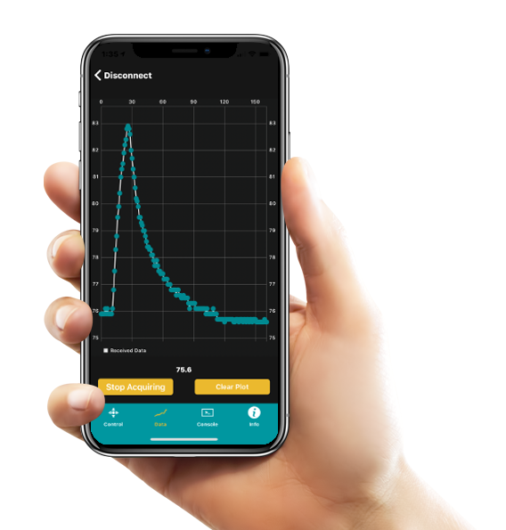 Figure 5: BLExAR app showing the data window and demonstrating the visualization of real-time data as it is logged into the iOS device via Bluetooth communication. This is a real temperature readout from the DHT22 temperature sensor and the BLExAR app.