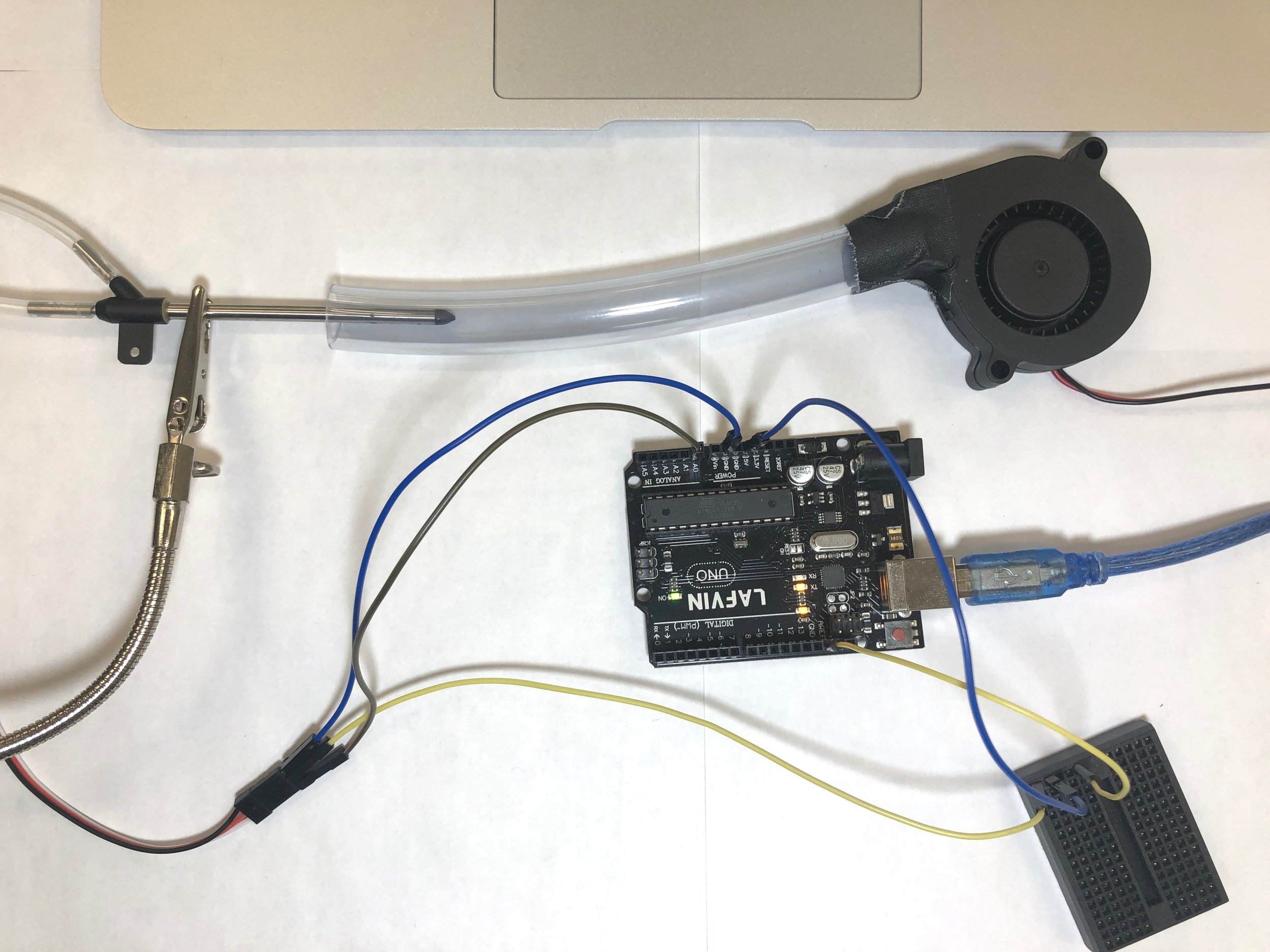 Full Arduino and pitot tube setup with acrylic tubing and fan