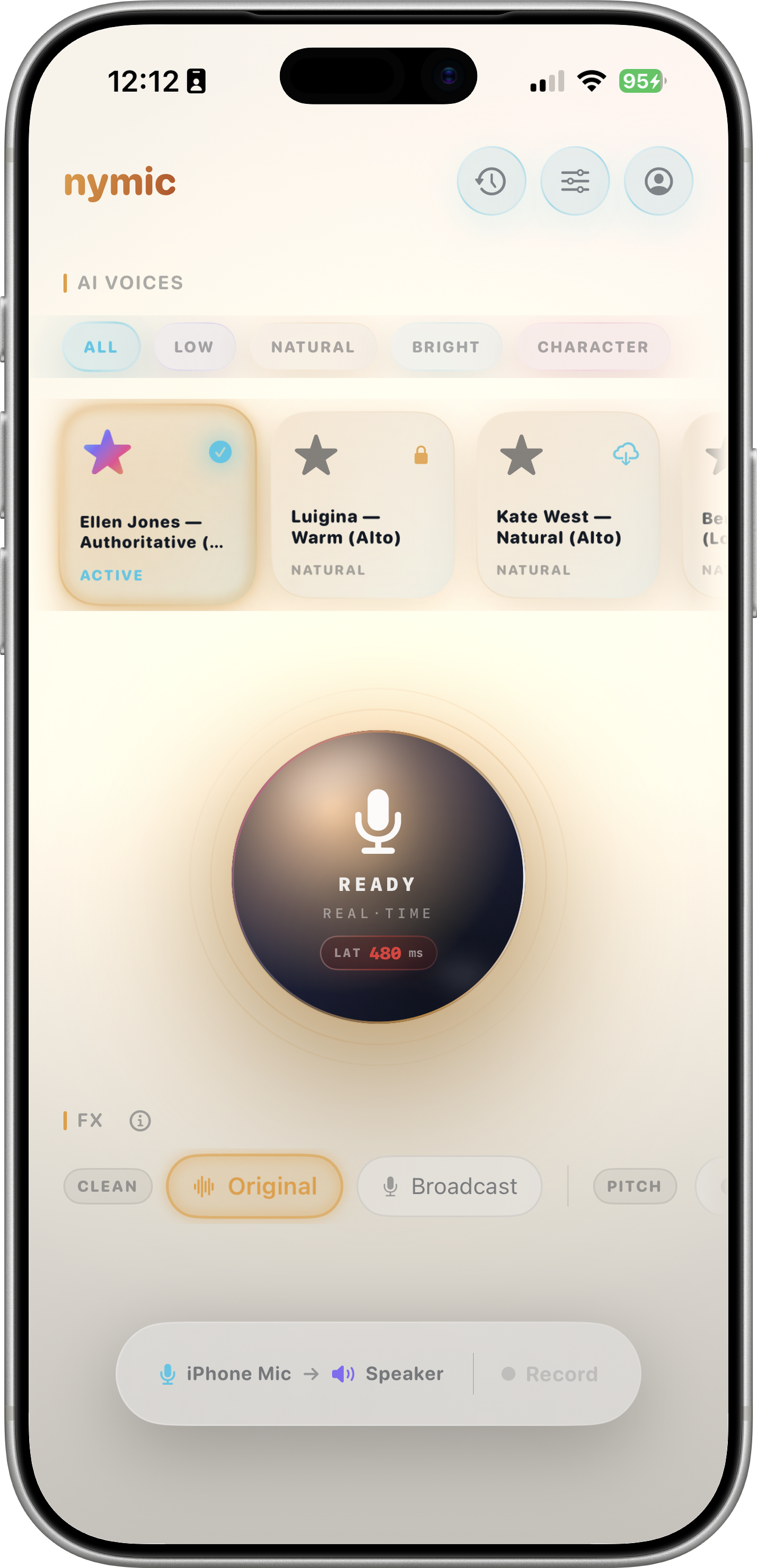 nymic voice changer main landing screen showing voice profile selector
