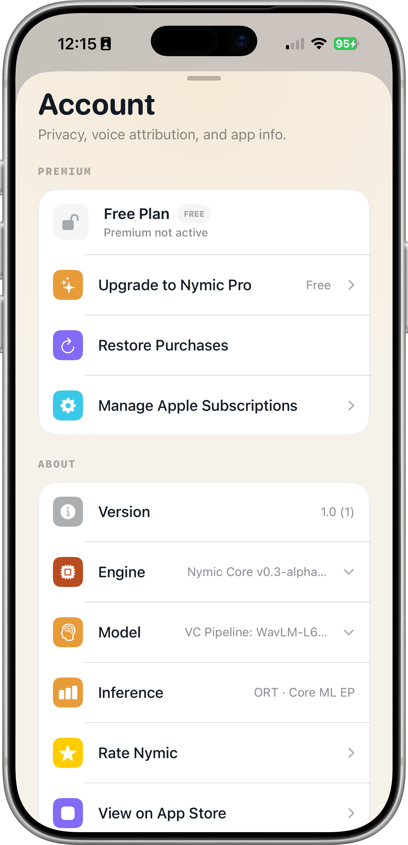 Account page with settings and voice library management