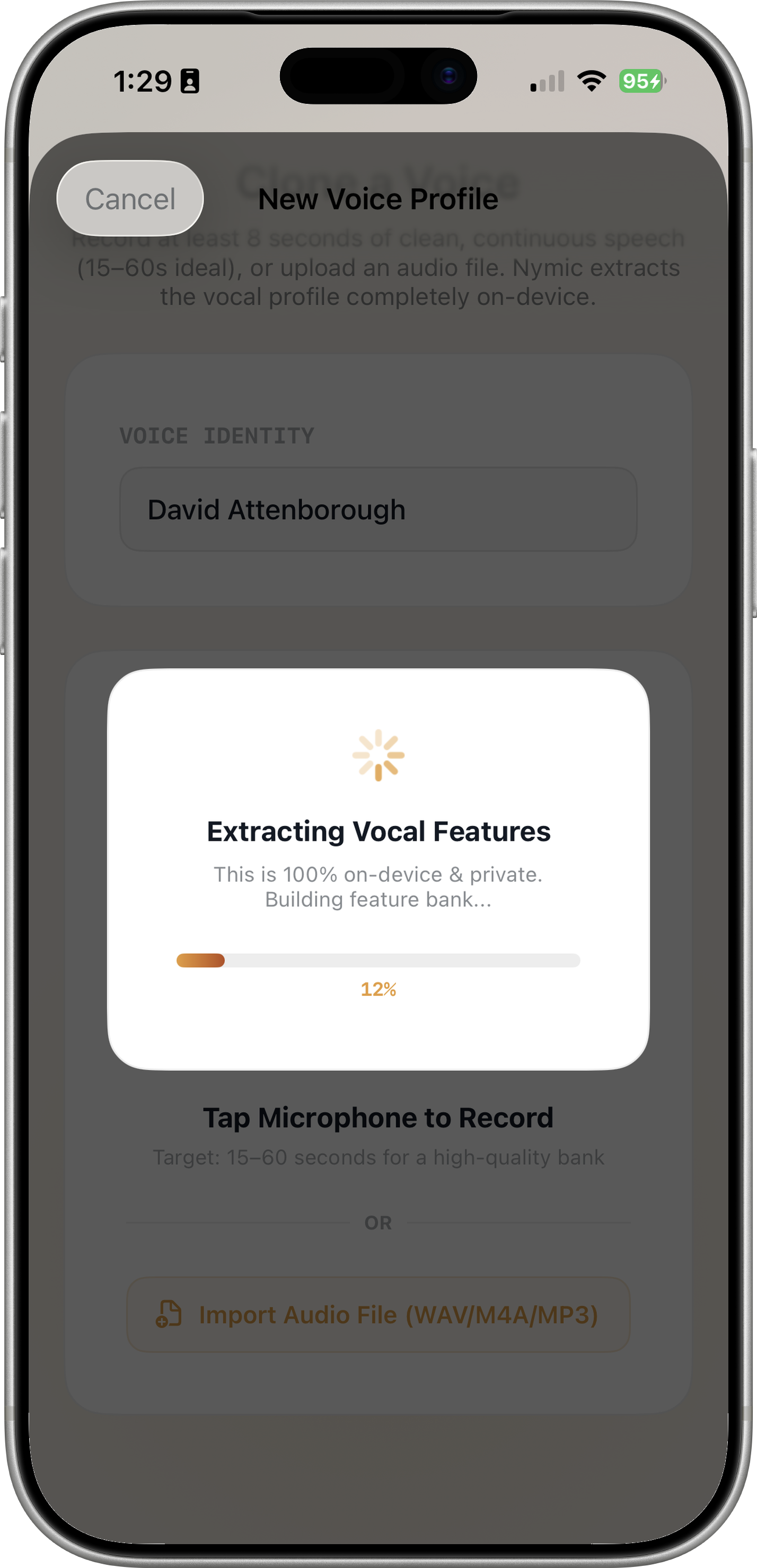 Custom voice training panel with on-device voice cloning and kNN matching controls