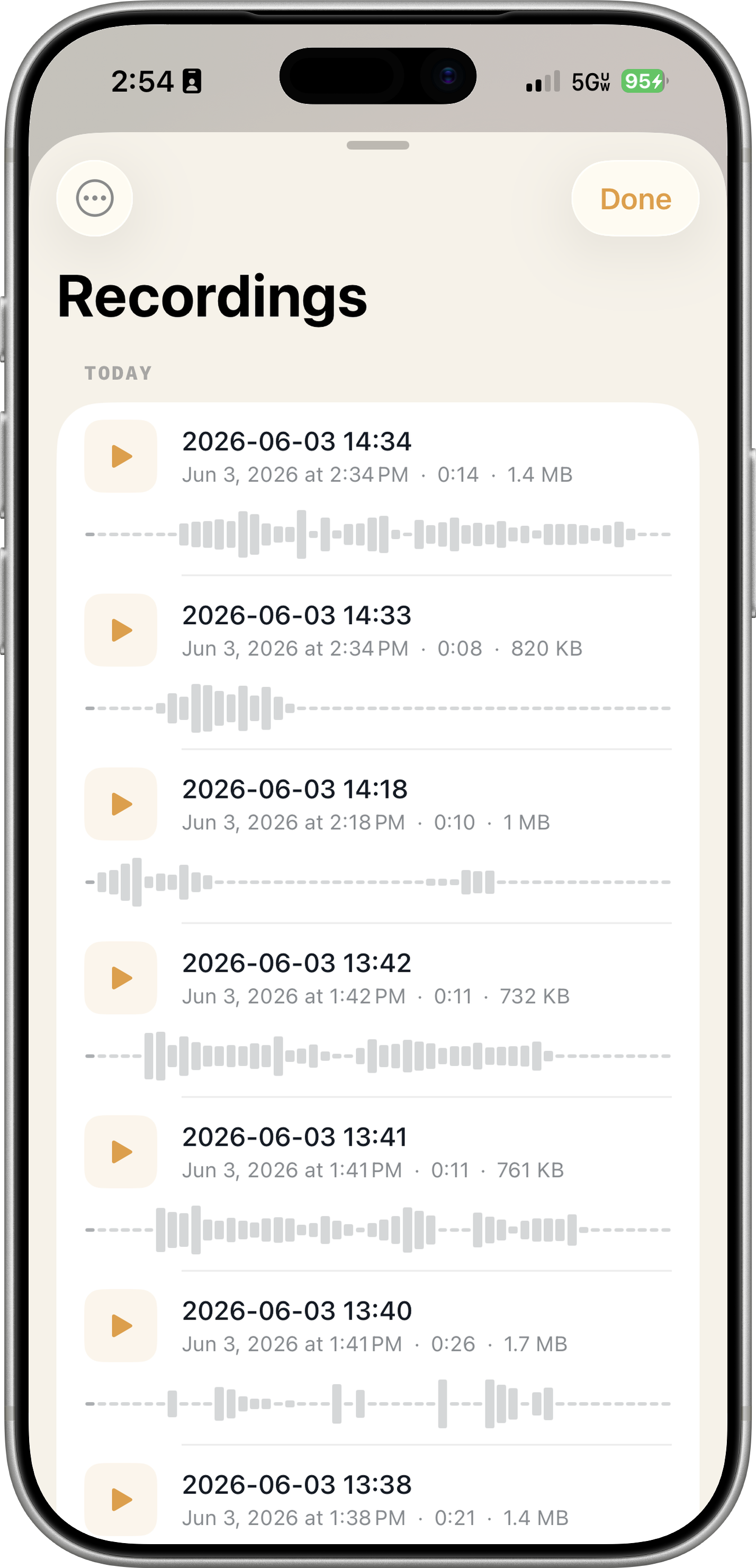Recording history tab showing saved voice recordings with export and biometric lock options