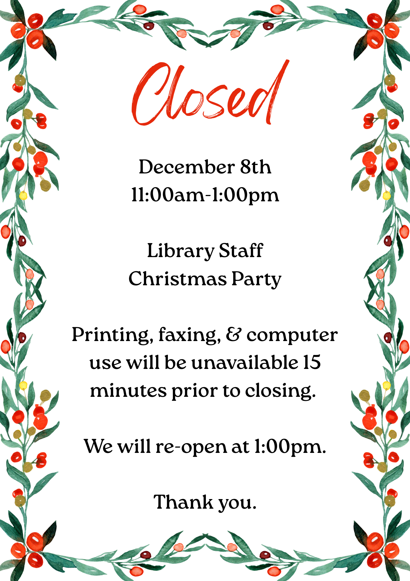 CLOSED-STAFF CHRISTMAS PARTY