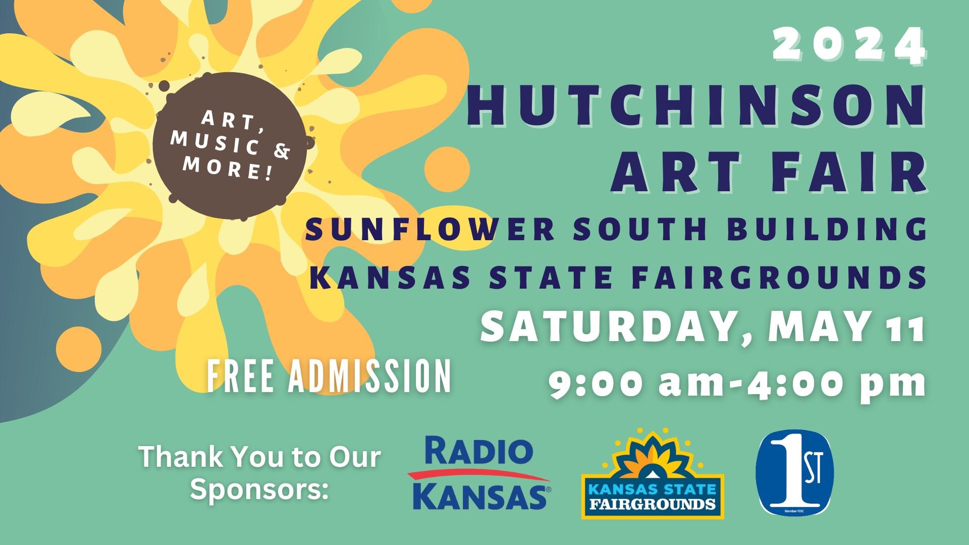 We are less than a month away from the 2024 Hutchinson Art Fair!

Join us at the Sunflower South Building on the Kansas State Fairgrounds from 9:00 AM to 4:00 PM to browse over 40 artist booths, enjoy live music, grab a kids swag bag, and more!

The 
