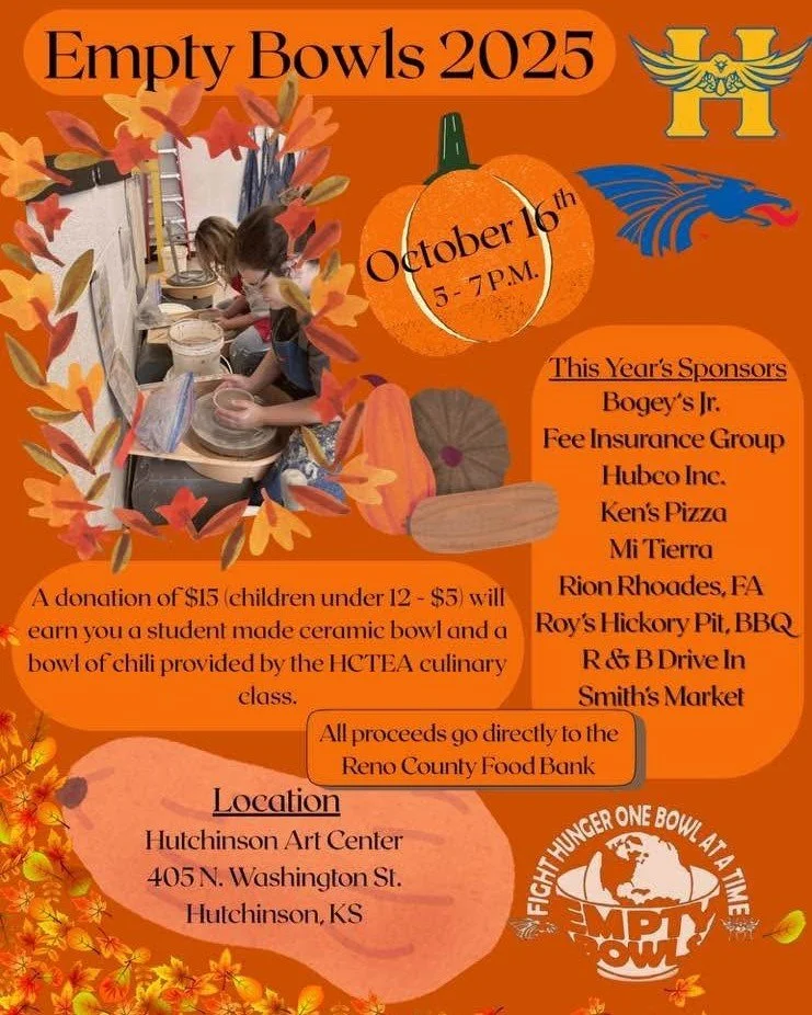 Join us at the Hutchinson Art Center from 5:00 to 7:00 PM on Thursday, October 16th for Empty Bowls 2025! 

This yearly fundraiser helps raise money for local food banks in Reno County. For a donation of $15 for an adult or $5 for a child under 12, y