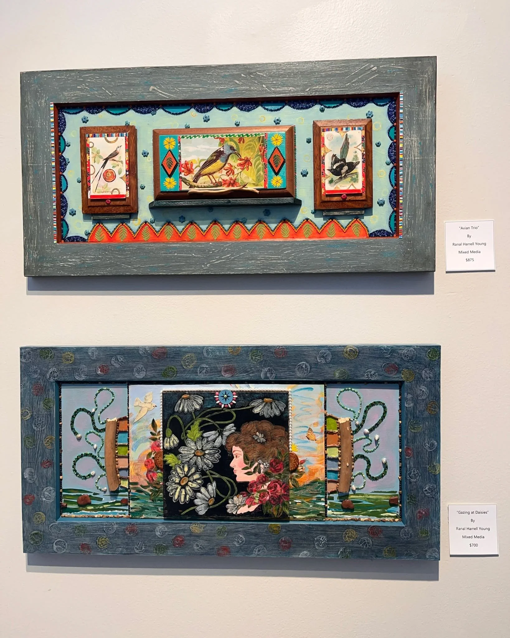 The work of artist Ranal Harrell Young is currently on display in our Front Gallery!
This is what the artist has to say about her work:
“I have been working with painting and found materials since the 1970s. I love the idea of using non-tradi