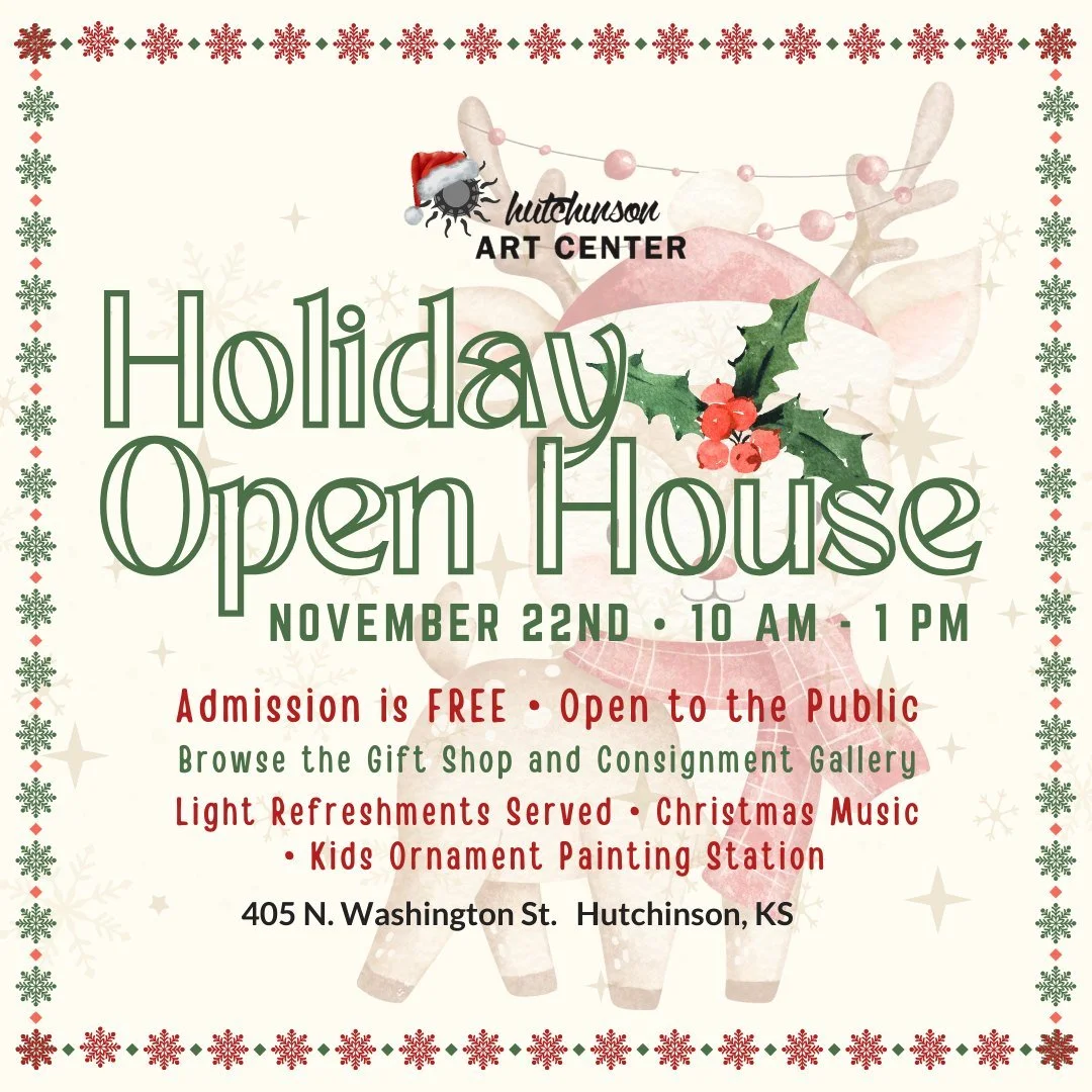 Join us for our 2025 Holiday Open House at the Hutchinson Art Center on Saturday, November 22nd from 10:00 AM to 1:00 PM!

Our annual Holiday Open House is the perfect opportunity to check out the Hutchinson Art Center Gift Shop and Members Consignme