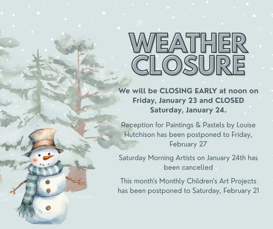 Due to the inclement weather, the Hutchinson Art Center will be CLOSING EARLY at noon on Friday, January 23rd, and CLOSED on Saturday, January 24th.

Due to these closures, all events and activities scheduled for Friday and Saturday are cancelled or 