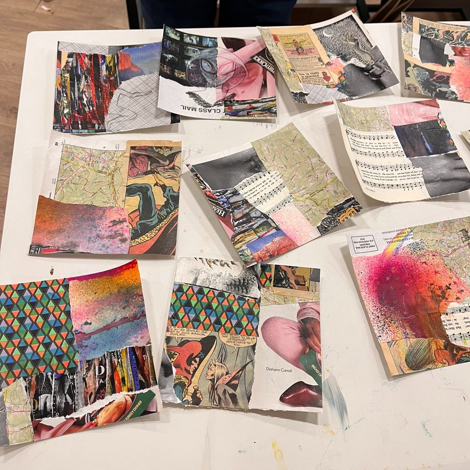 This past Saturday, we hosted the Creative Jump Start workshop, led by Haven, KS artist Kayann Ausherman!

Students learned easy techniques to create a series of 12 6 x 6 inch mixed media artworks. By adding layers of materials in an intuitive way, t