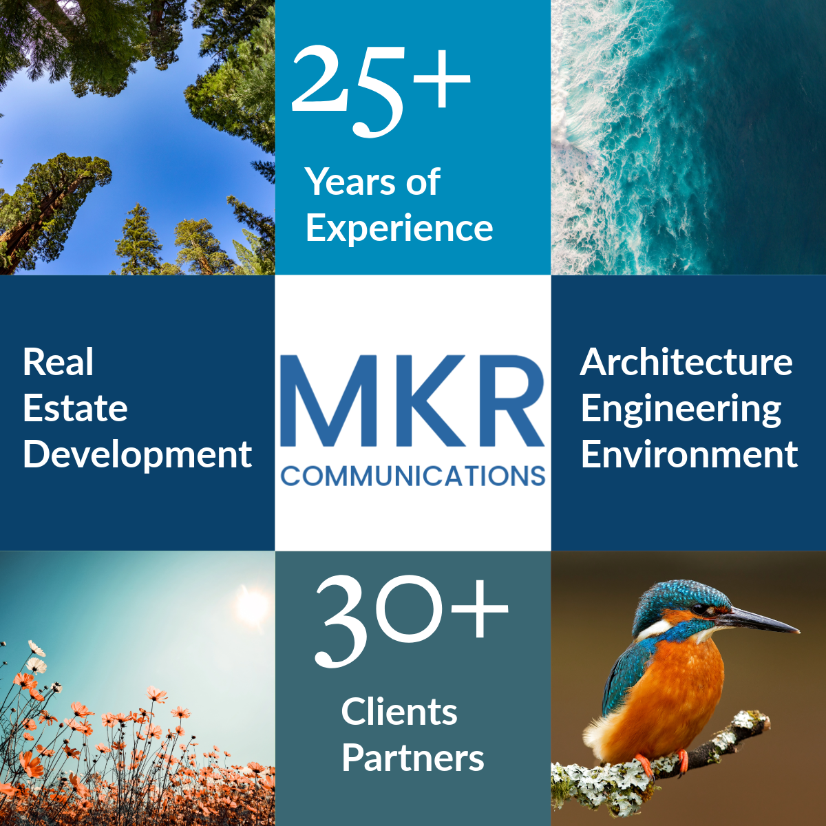 Collage with images of trees, ocean waves, flowers, and a kingfisher bird. Text highlights over 25+ years of experience in real estate development, architecture, engineering, environment, and 30+ clients and partners, with the MKR Communications logo in the center.