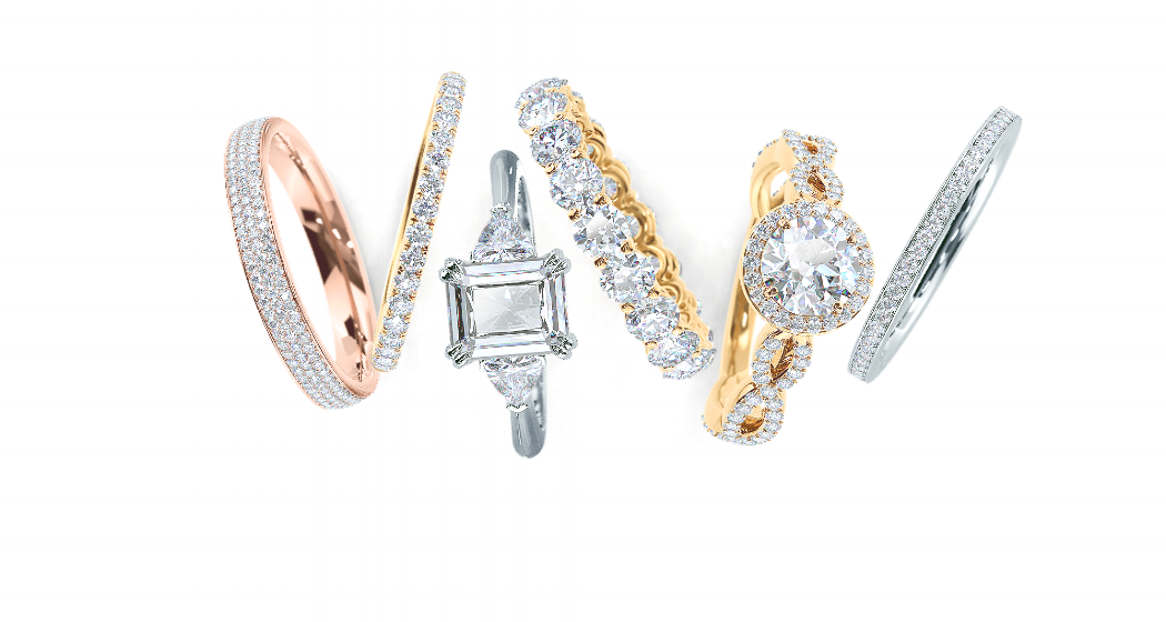 Ada Diamonds bridal collection pieces featuring engagement rings and wedding bands made with lab grown diamonds 