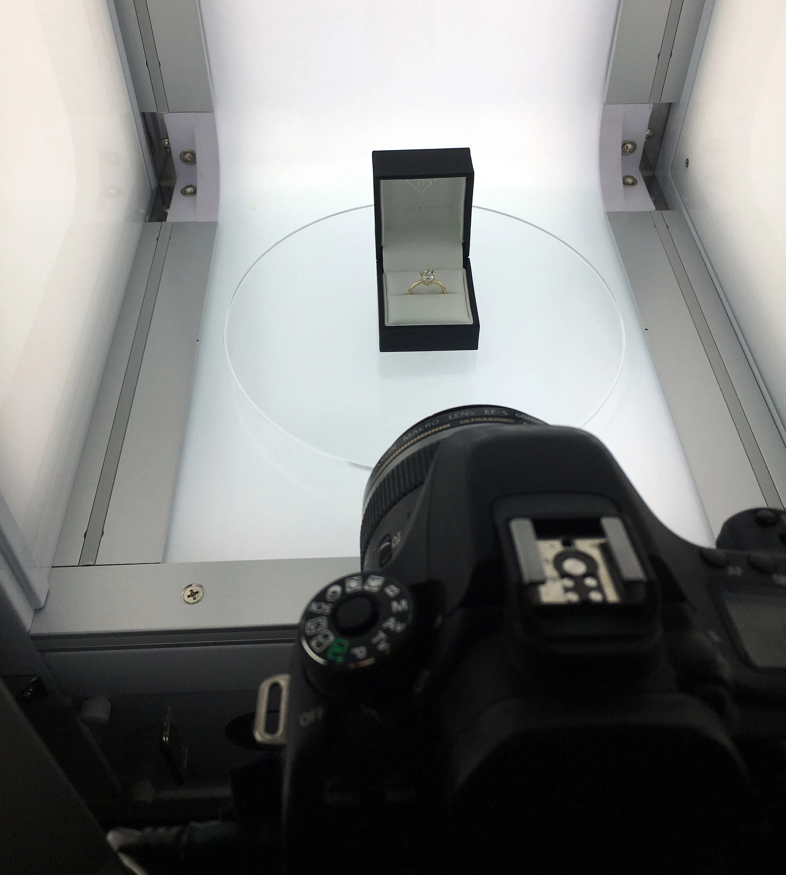 photographing a finished custom lab diamond engagement ring 