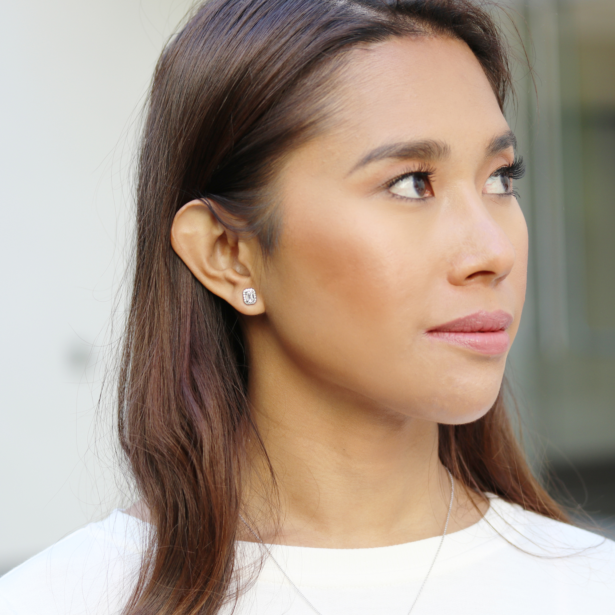 Heavenly Single Halo Emerald Lab Diamond Studs 1.20ctw On Model Design AD196
