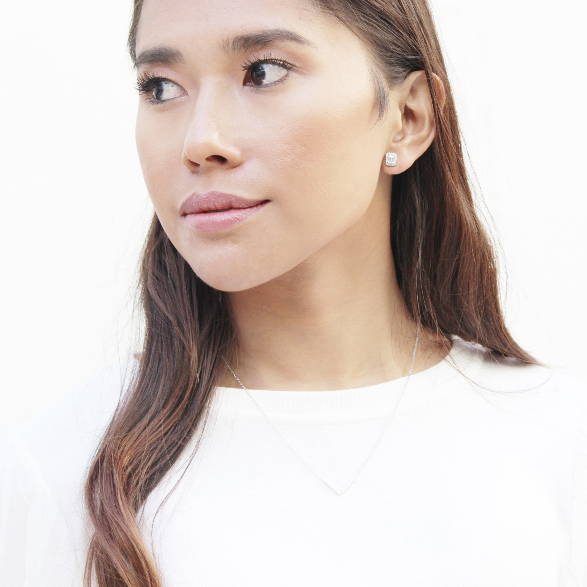Heavenly Lab Created Diamond Single Halo Emerald Studs 1.20ctw On Model Design AD196