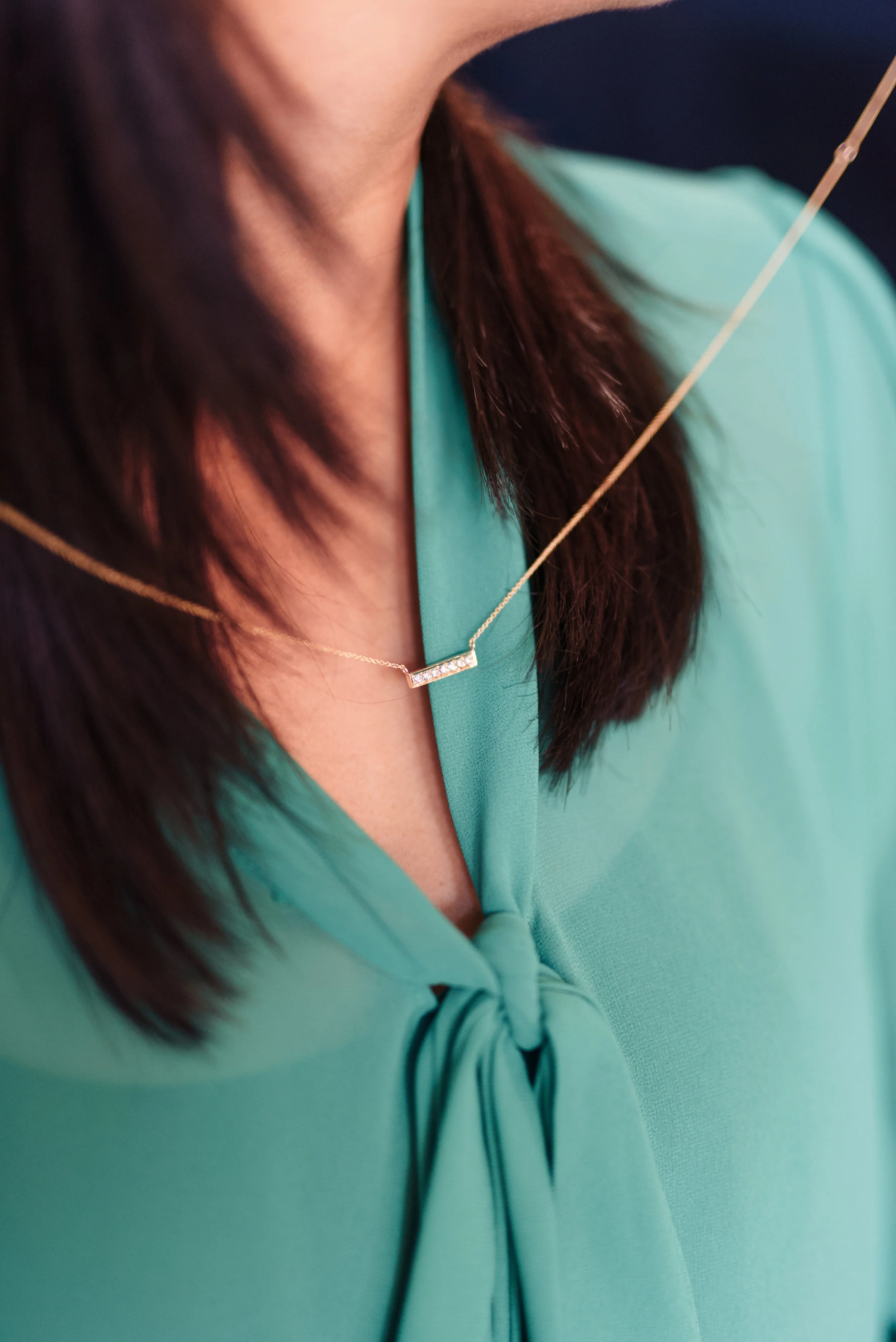 Lab Created Diamond Bar Pendant In Yellow Gold On Model Design AD122