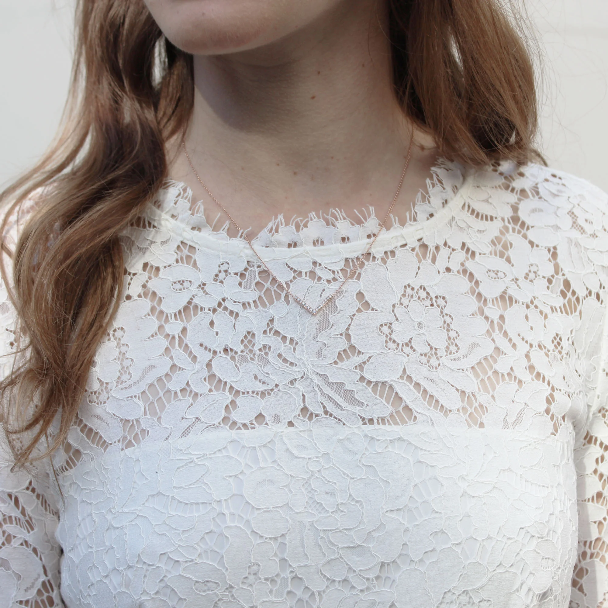 Lab Diamond V Necklace In Rose Gold On Model Design AD120