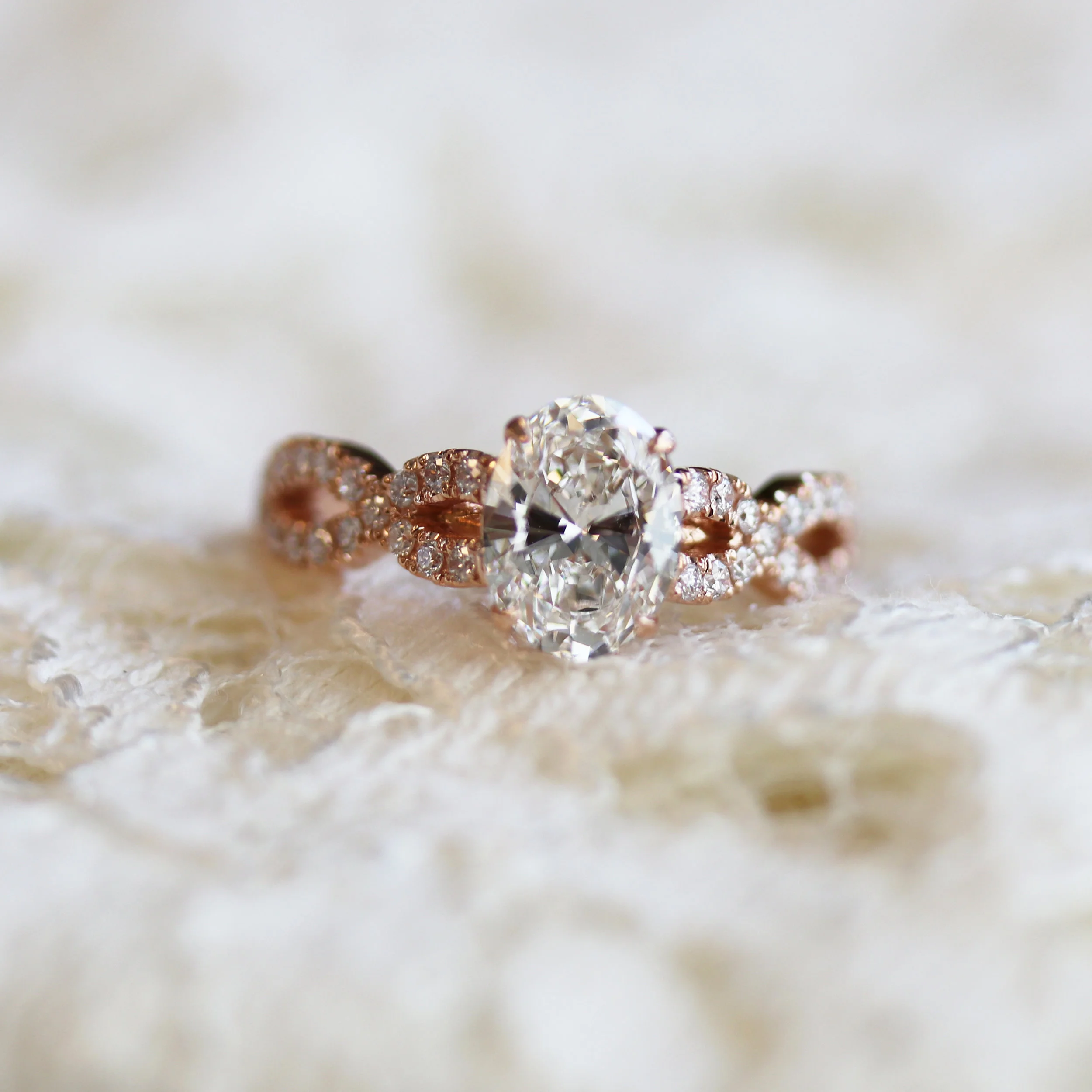 Oval Twist Open Pave Lab Created Diamond Band Engagement Ring in Rose Gold Design-155