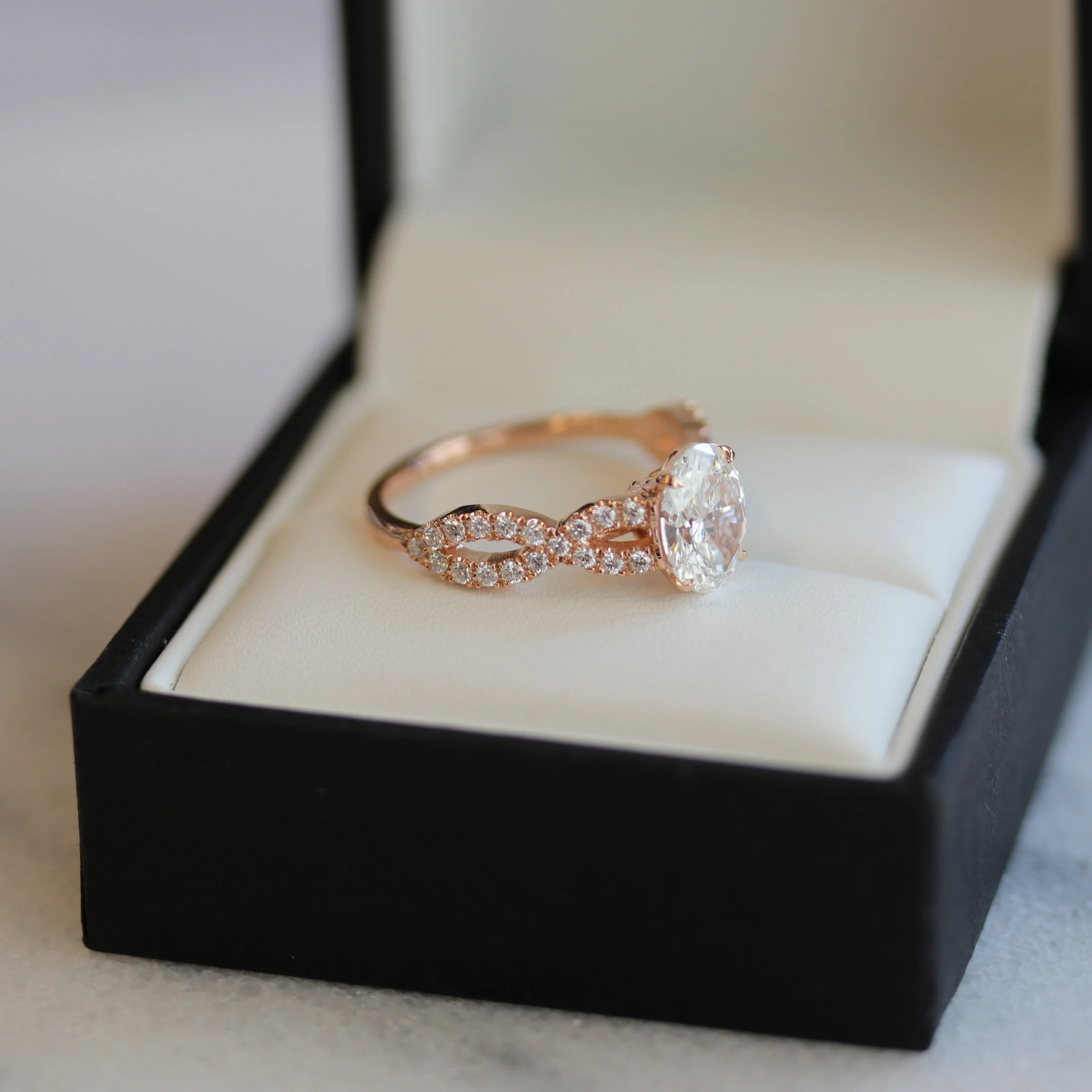 Oval Twist Open Pave Lab Created Diamond Band Engagement Ring in Rose Gold Profile