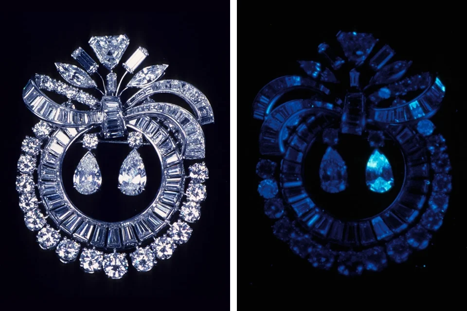 Diamond brooch in regular light (left) and UV light (right). Image used with permission from GIA.edu