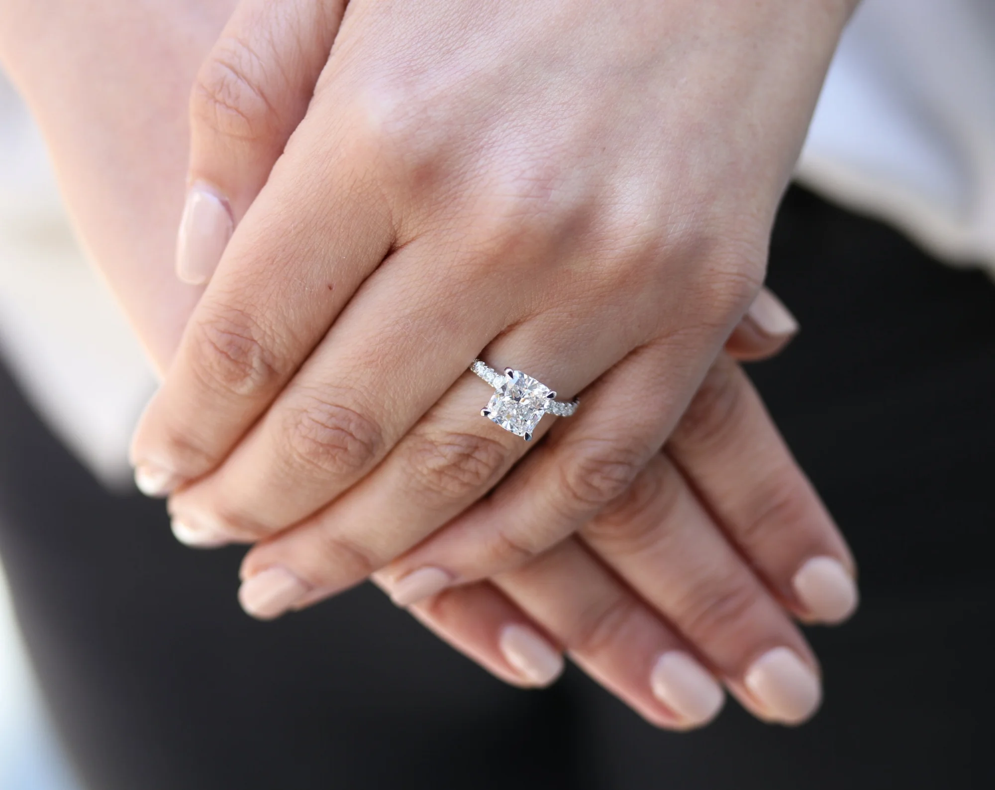 Lab grown diamond band cushion cut engagement ring 