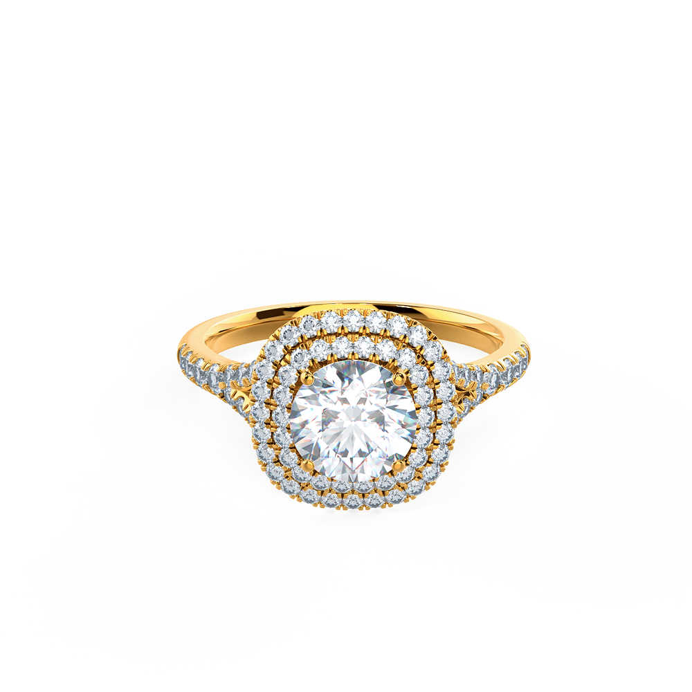 Double Pave Halo Split Shank Lab Created Diamond Engagement Ring in Yellow Gold Design-119