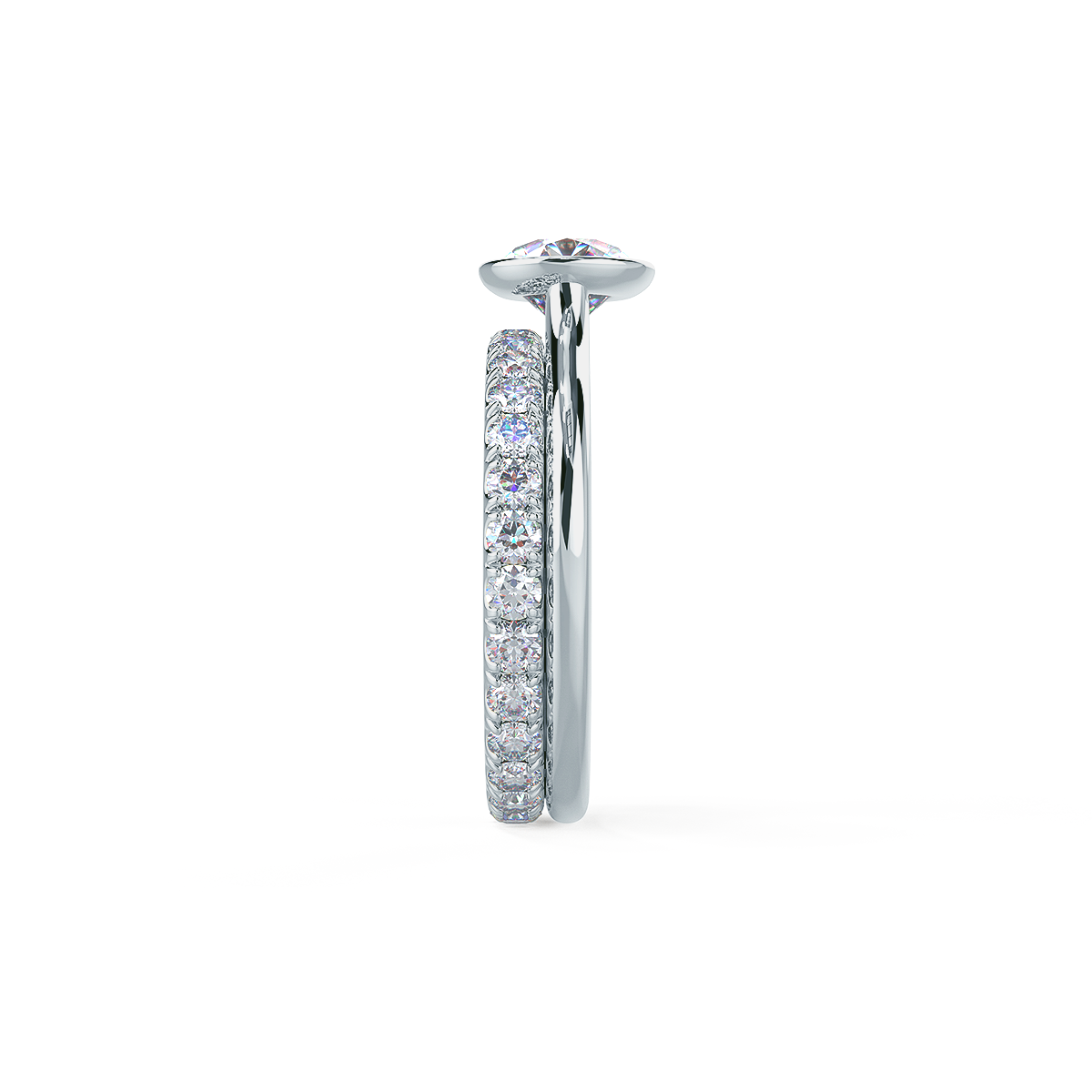 This setting allows for a wedding band to sit flush with no gap. View Wedding Band Details