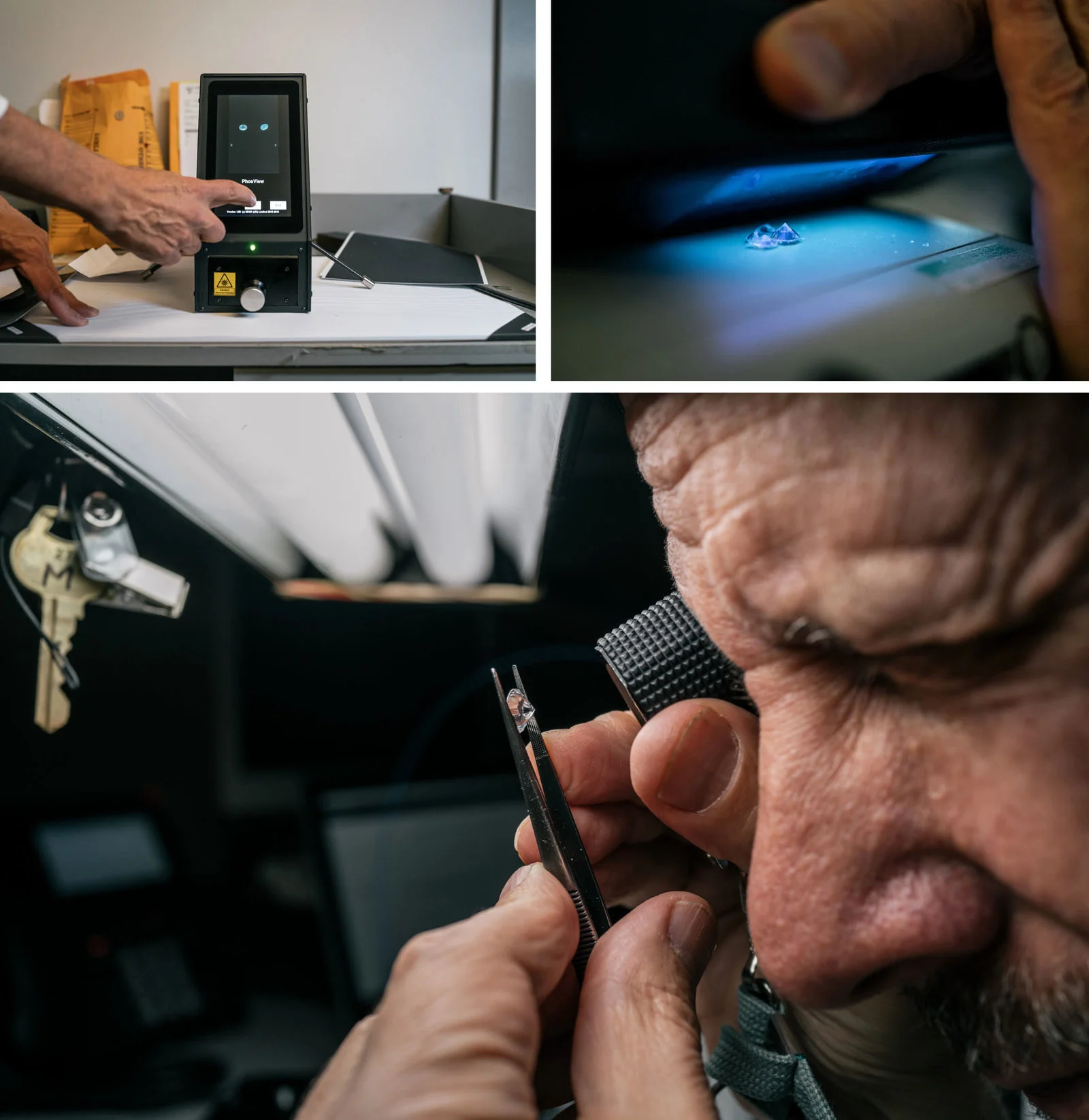 Weinstein inspecting a diamond. Photo credit: Michael Rubenstein for NPR