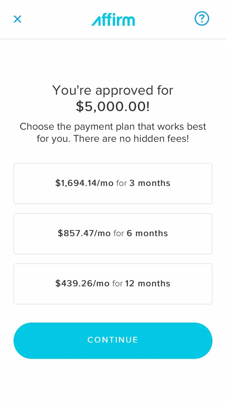 Sample 3, 6, and 12 month payment plans for a $5,000 purchase and 10% APR