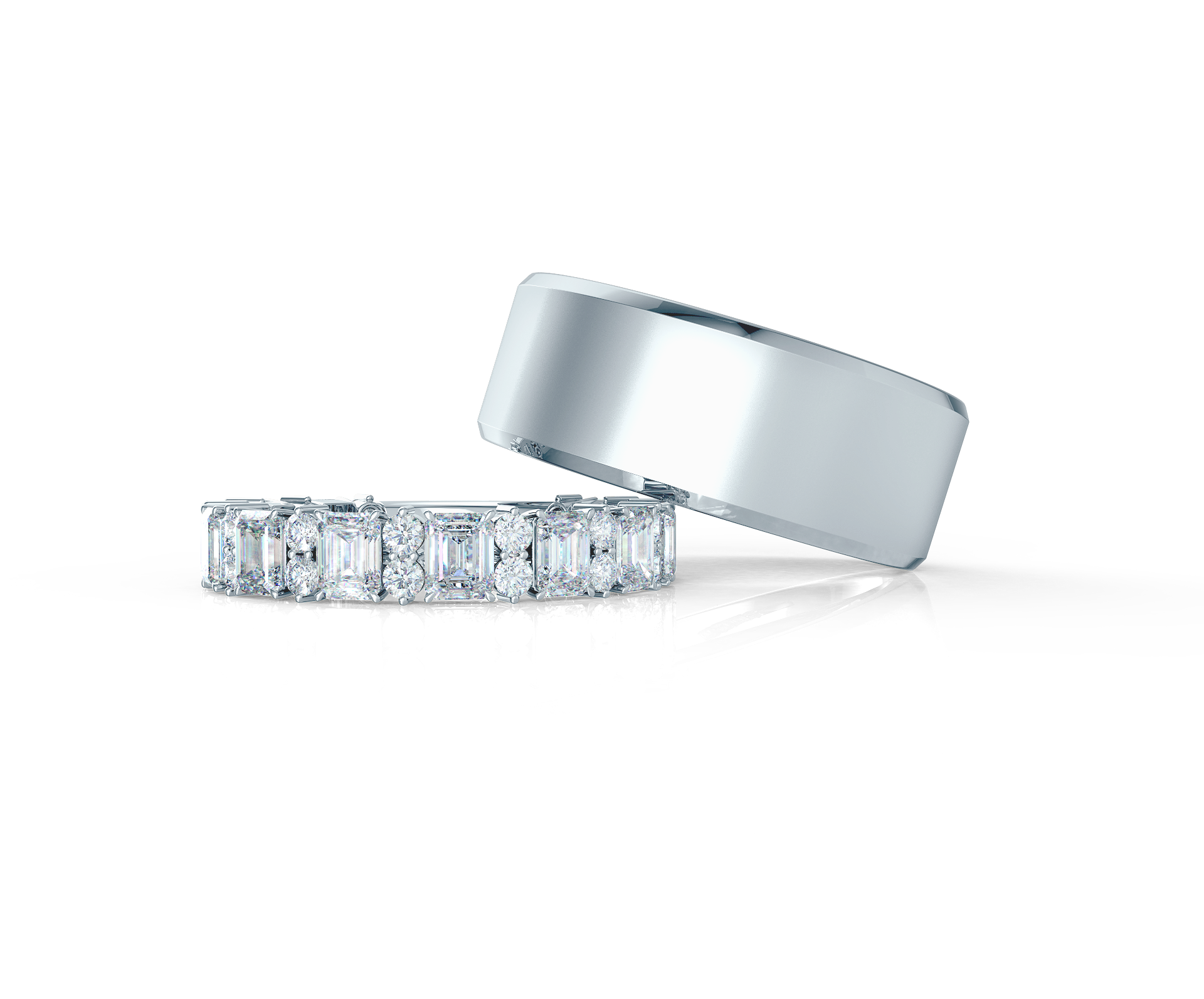 Pair your Emerald and Round Band with a Classic Beveled Ring Shop Now