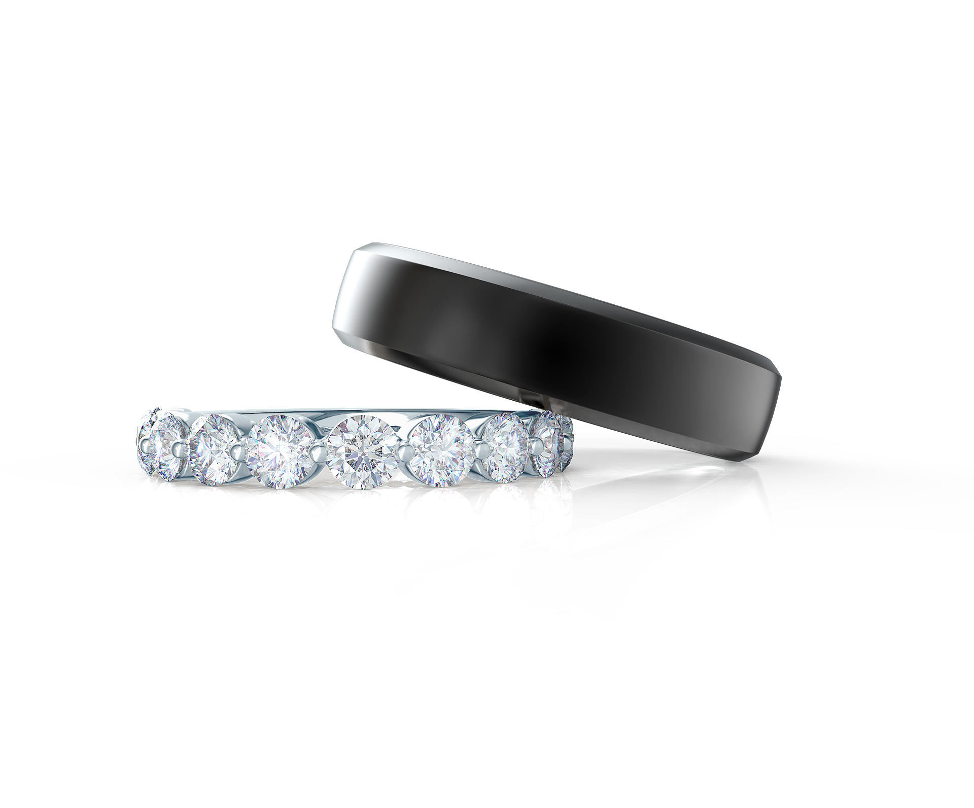 Pair your Narrow Matte Beveled Polydiamond Ring with a Shared Prong Half Band Shop Now
