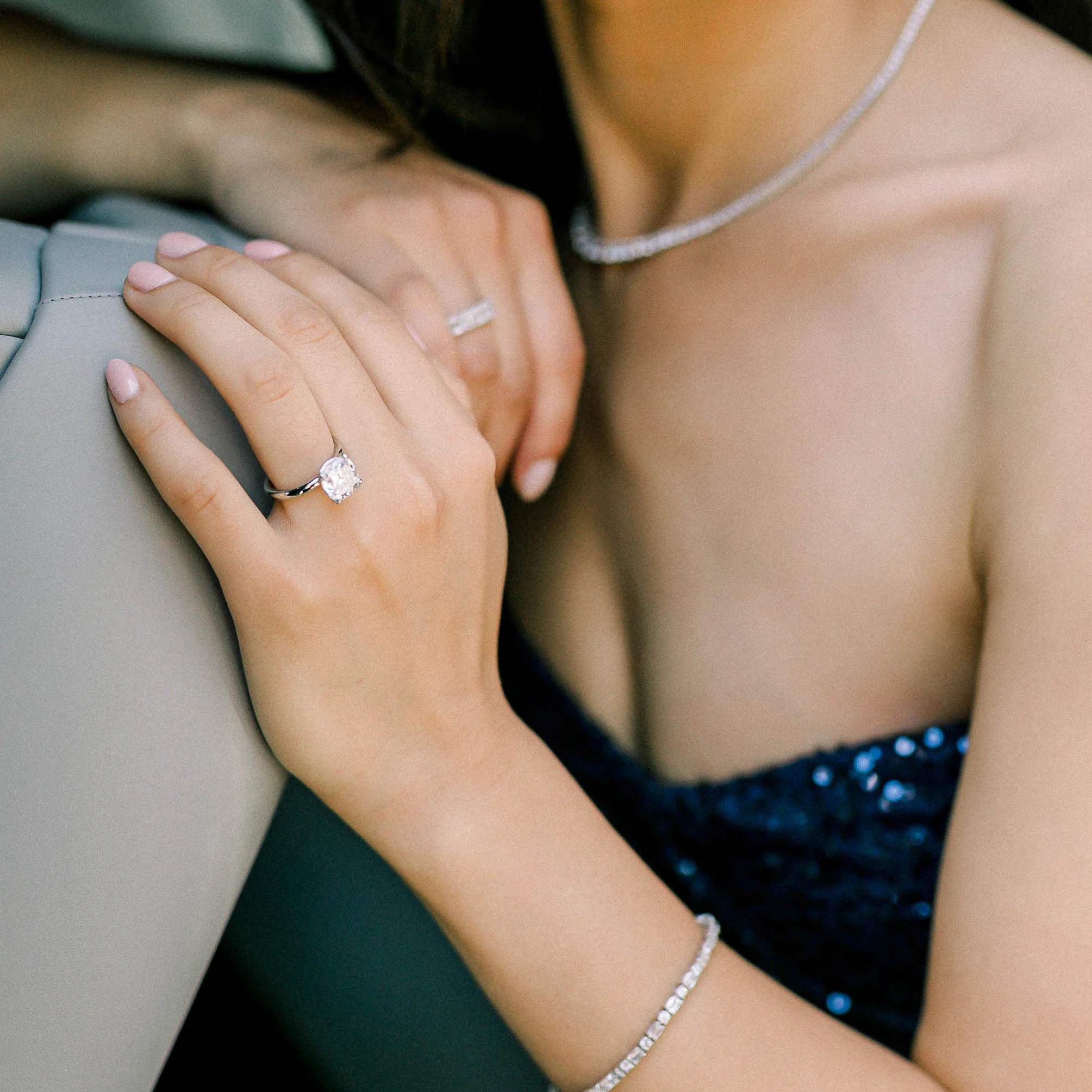 Lab Created Diamond Cushion Solitaire Engagement Ring On Model Design AD221
