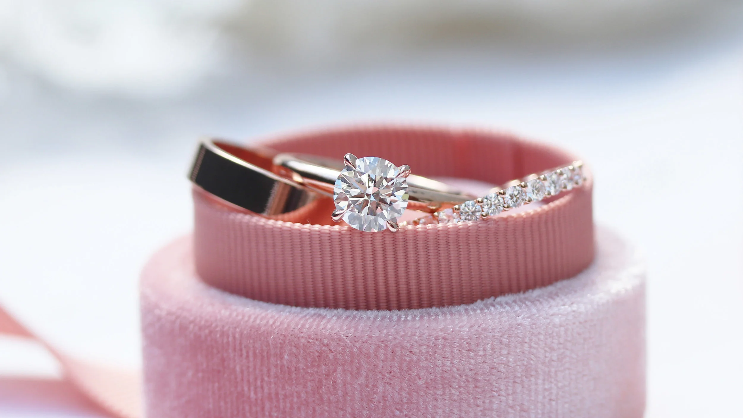 White And Rose Gold Wedding Rings For Bride And Groom